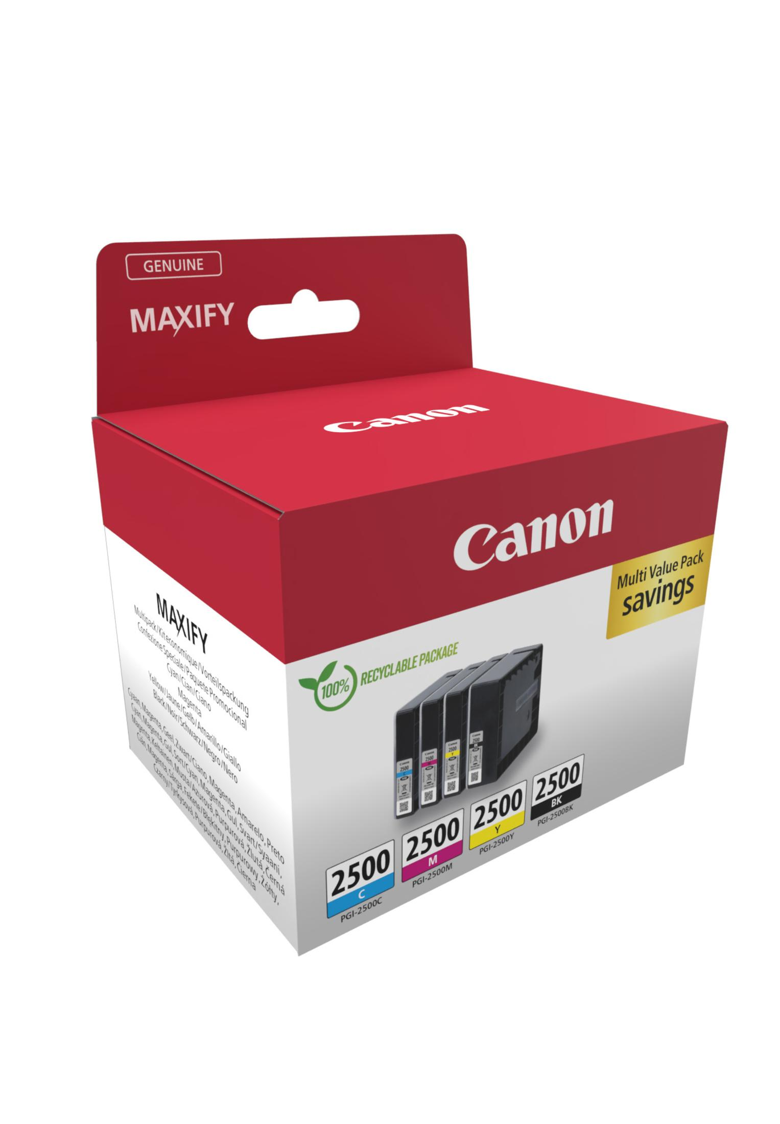 Czerwono-białe pudełko Canon Maxify z wkładami atramentowymi. Zawiera tekst i 'Multi Value Pack'.