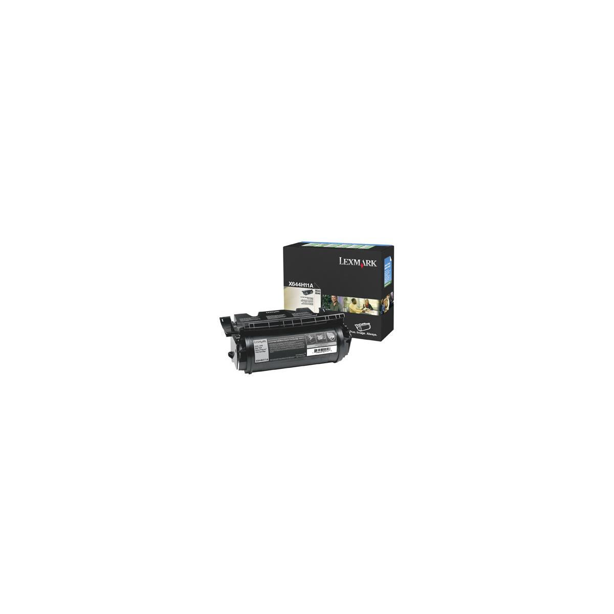 Cartuccia toner e scatola Lexmark in bianco e nero.