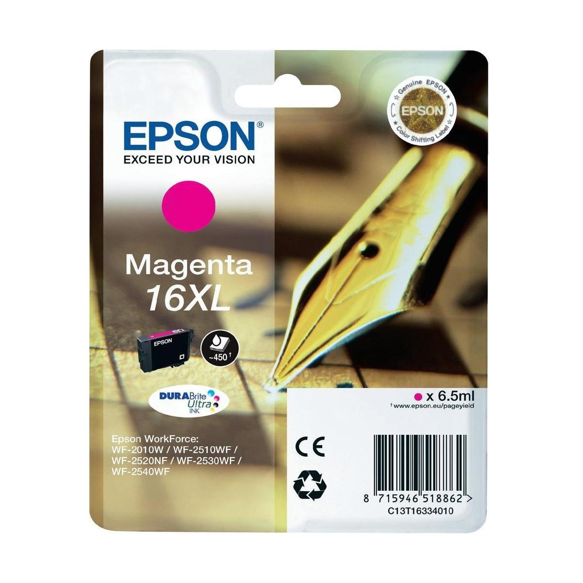 Cartuccia inchiostro Epson Magenta 16XL, su bianco, con una penna d'oro.