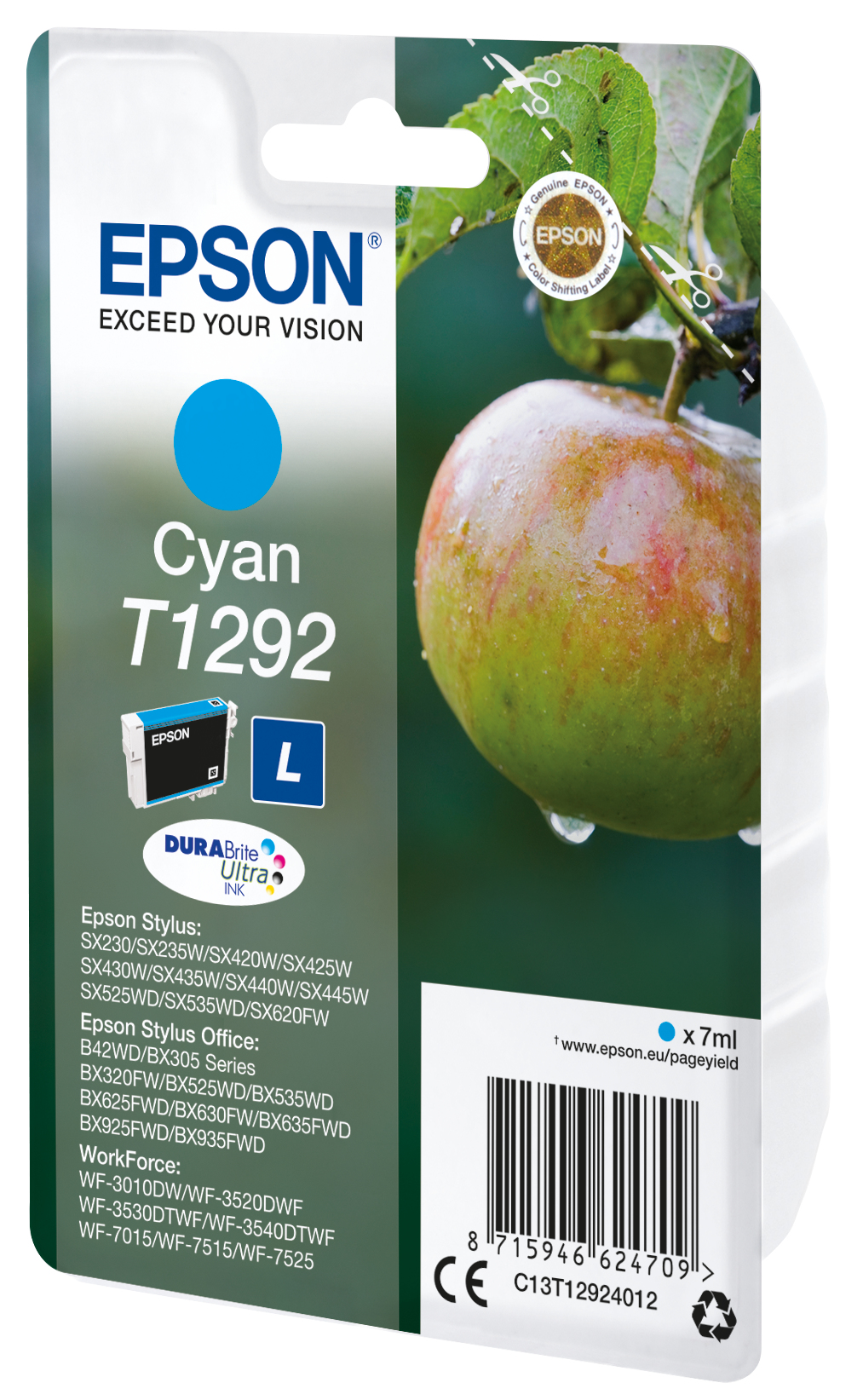 Epson inktcartridgeverpakking. De verpakking heeft een appel erop. Witte achtergrond.