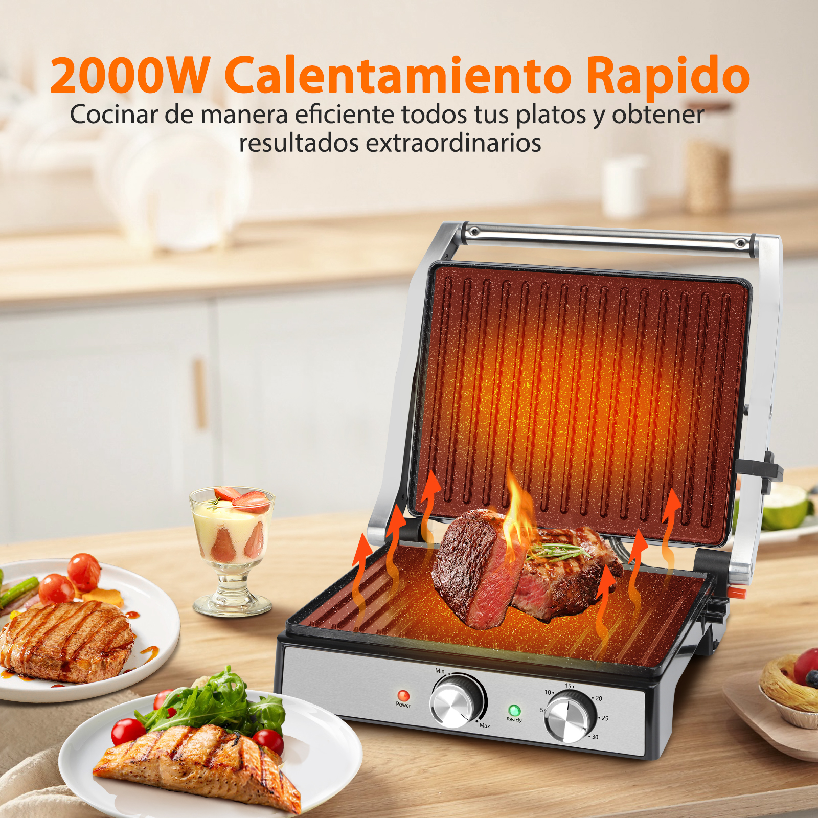 Grill mit Steaks, Tomaten und Spargel. Text: '2000W Calentamiento Rapido'. Ein Glas Obst.