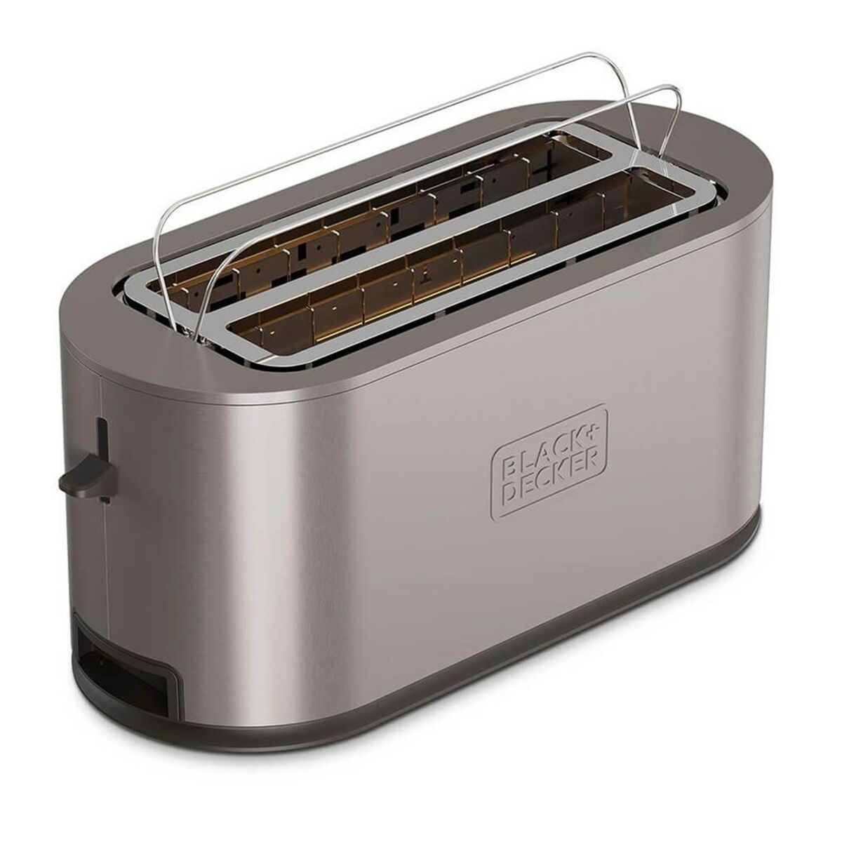 Silberner Toaster mit zwei Schlitzen. Griff links. Black-Decker-Logo rechts.