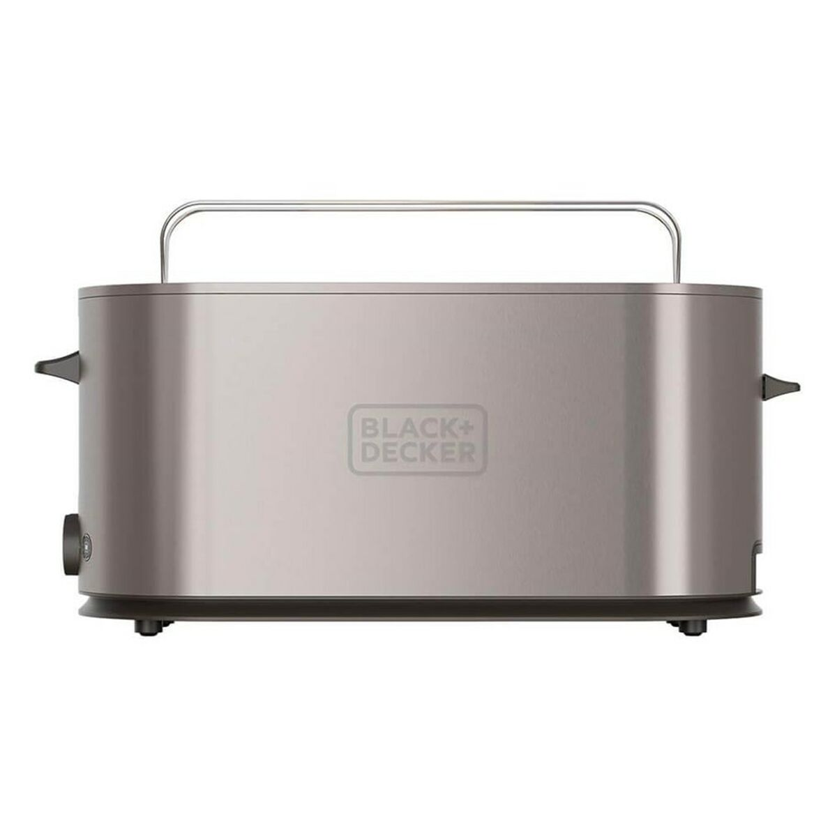 Ein silberner BLACK+DECKER Toaster, mit Griff und Logo, vor weißem Hintergrund, zeigt die Vorderseite des Geräts.