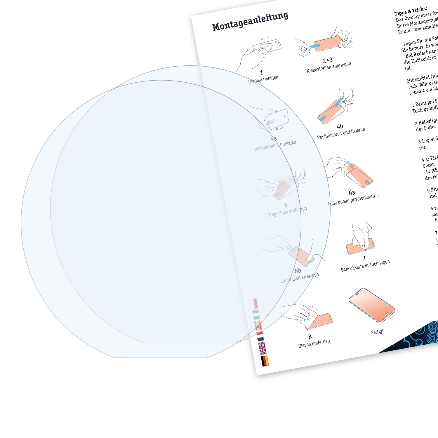 Ein kreisförmiges, hellblaues, transparentes Objekt über einem Diagramm mit Installationsanweisungen und Flaggen.