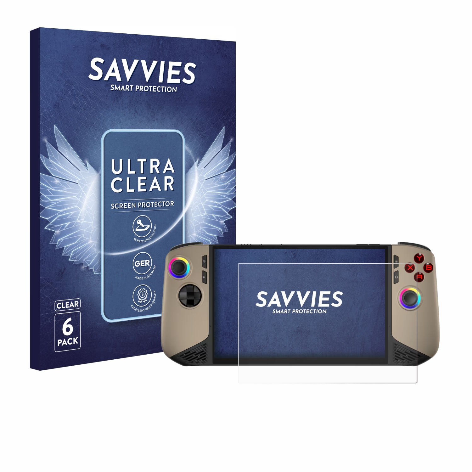 Schutzfolienbox und Gaming-Gerät. Weiße Box mit klarer Folie. Weißer Hintergrund.