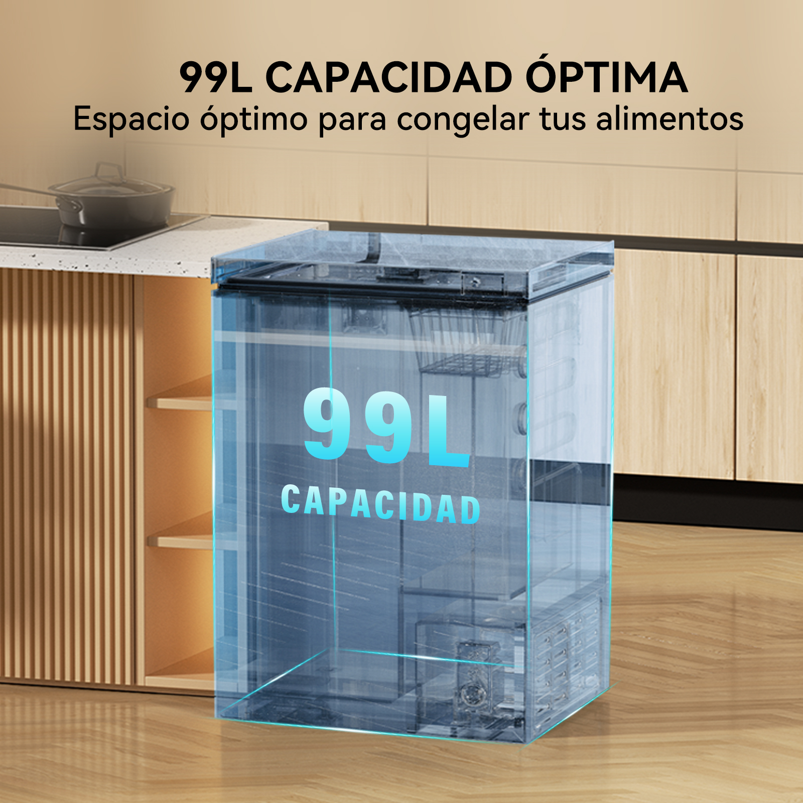 Congelador transparente con texto. Congelador en cocina con gabinetes de madera.