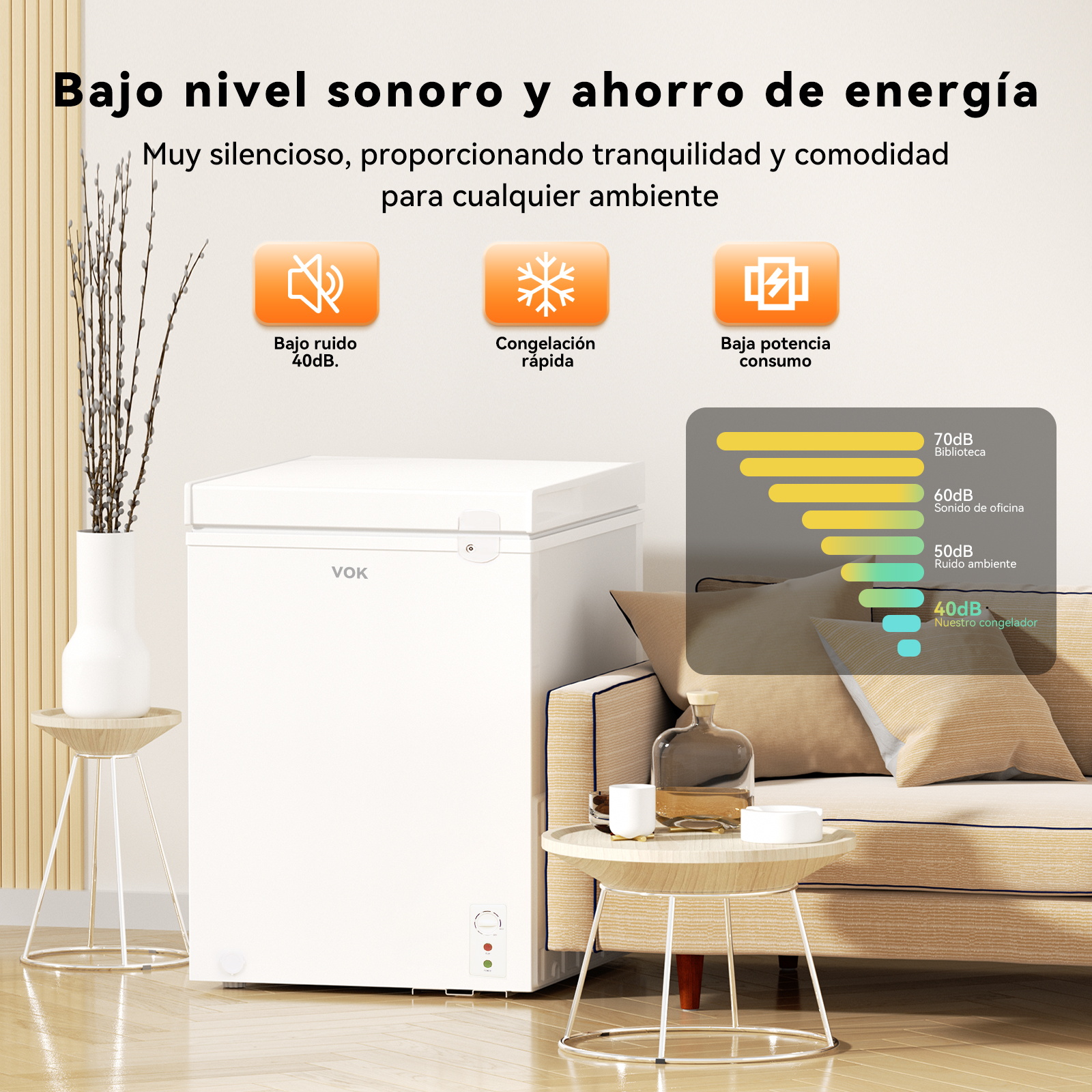 Congelador de arcón Vok blanco junto a un sofá y una mesa. El cartel destaca el sonido y la energía.