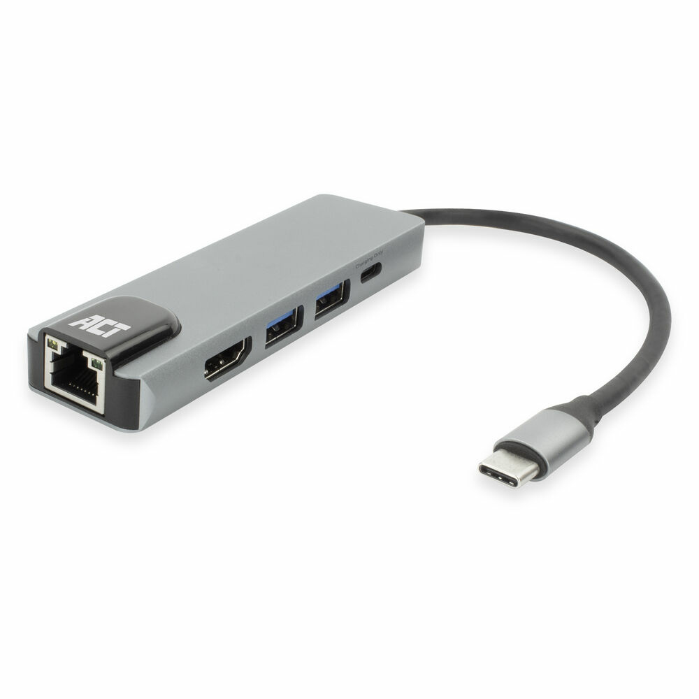 Un hub USB-C grigio con più porte e un cavo nero, su sfondo bianco.