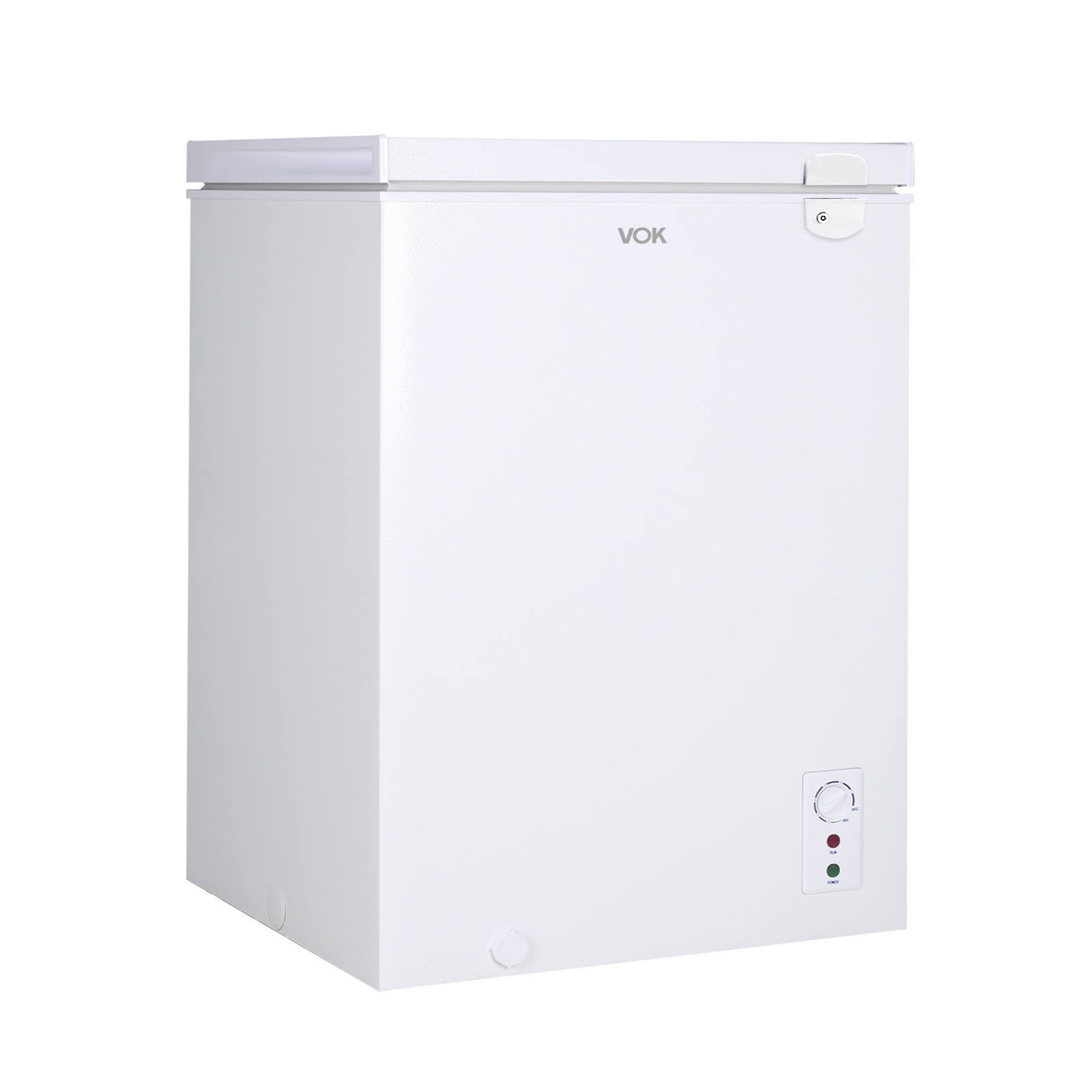 Congelador Vok blanco con panel de control, sobre fondo blanco.
