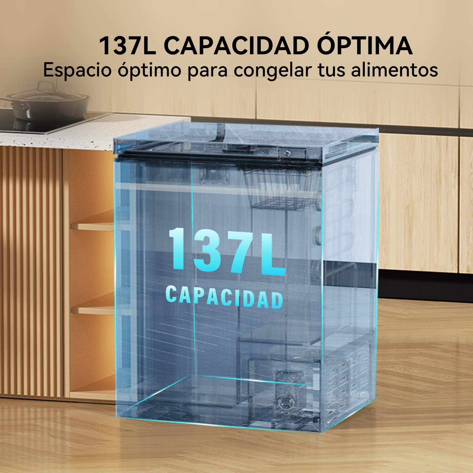 Un congelador transparente se muestra con una superposición azul, ilustrando su capacidad.
