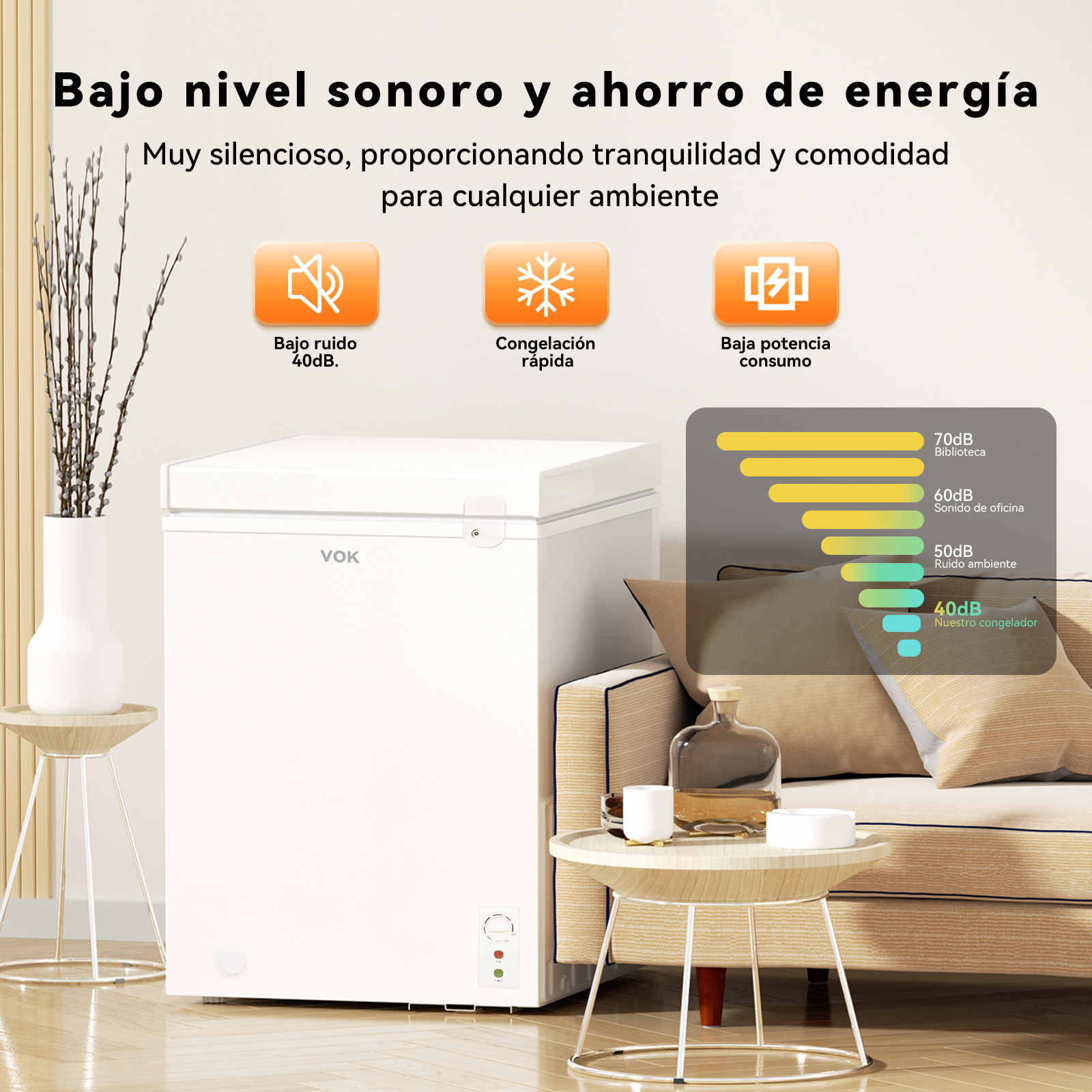 Un congelador blanco y texto sobre eficiencia energética. Visible una botella y dos mesas pequeñas.