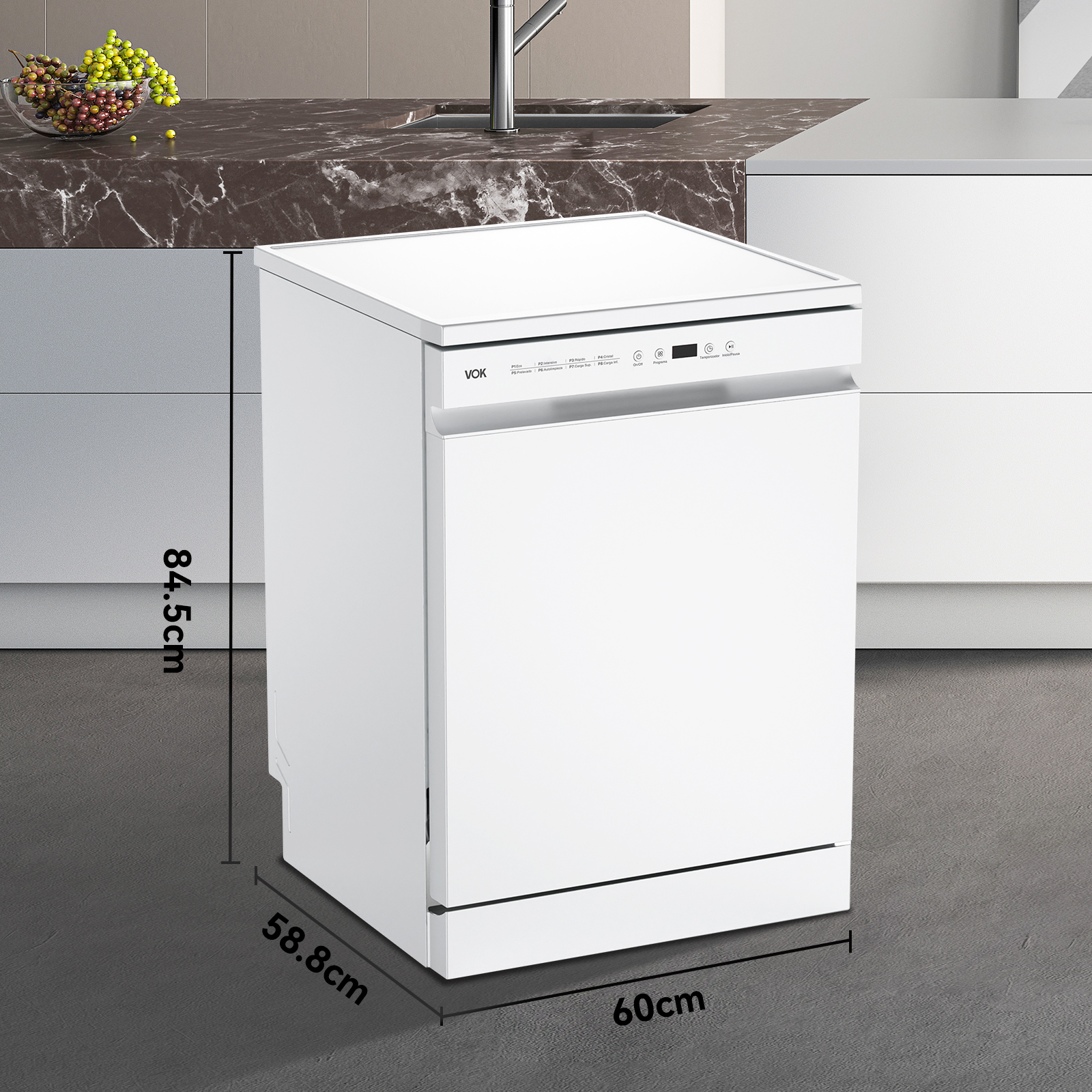 Lavavajillas blanco con medidas: 84.5cm alto, 58.8cm ancho, 60cm profundidad.