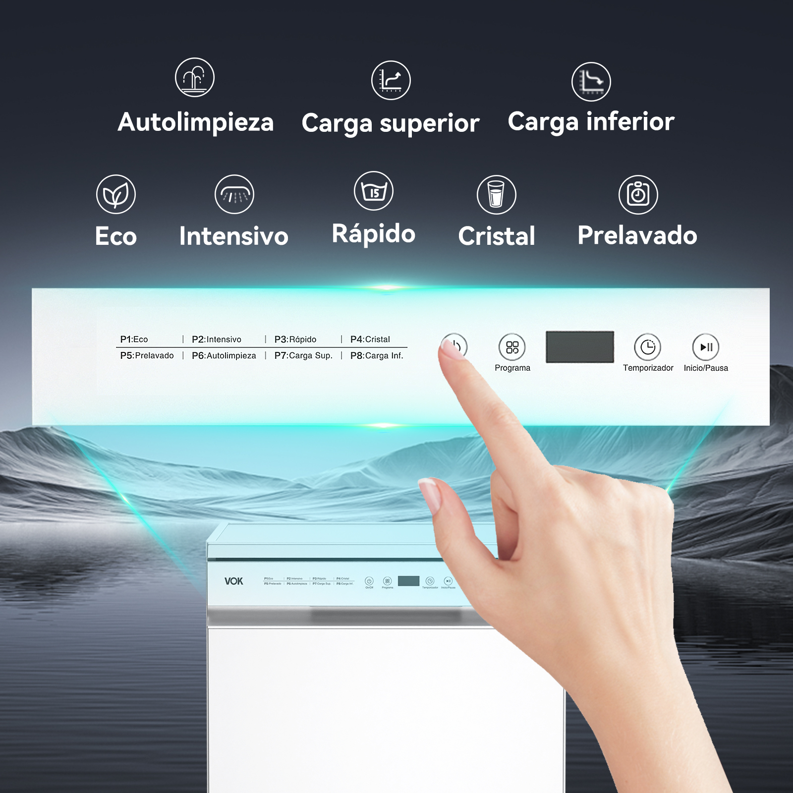 Mano presionando un botón en un panel de control de lavavajillas blanco. Varios iconos mostrados.