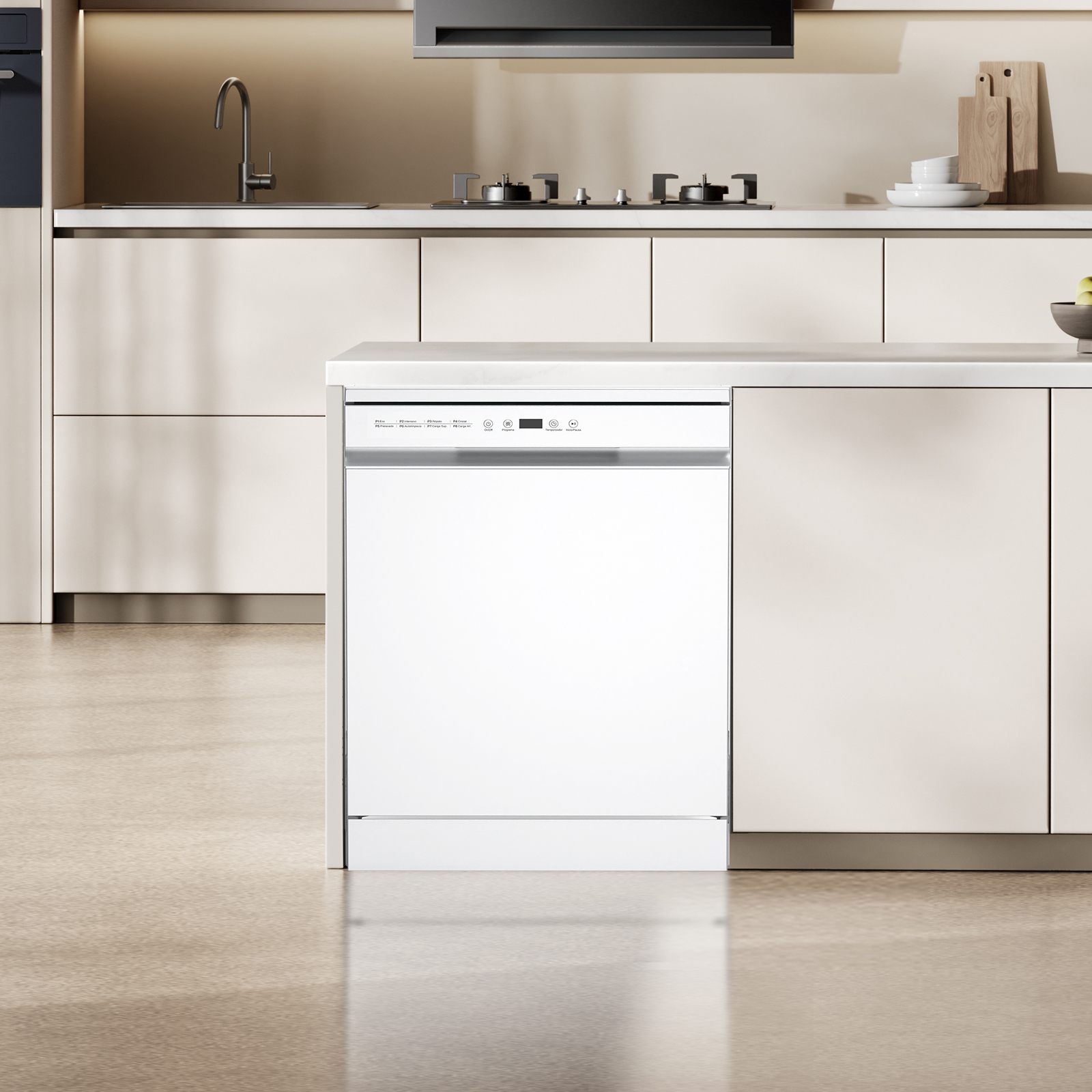 Un lavavajillas blanco integrado en una cocina. La cocina tiene armarios beiges y suelo claro.