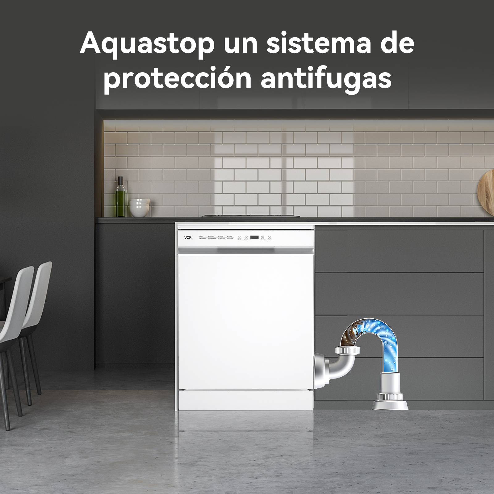 Lavavajillas blanco en una cocina. Texto: 'Aquastop un sistema de protección antifugas'.
