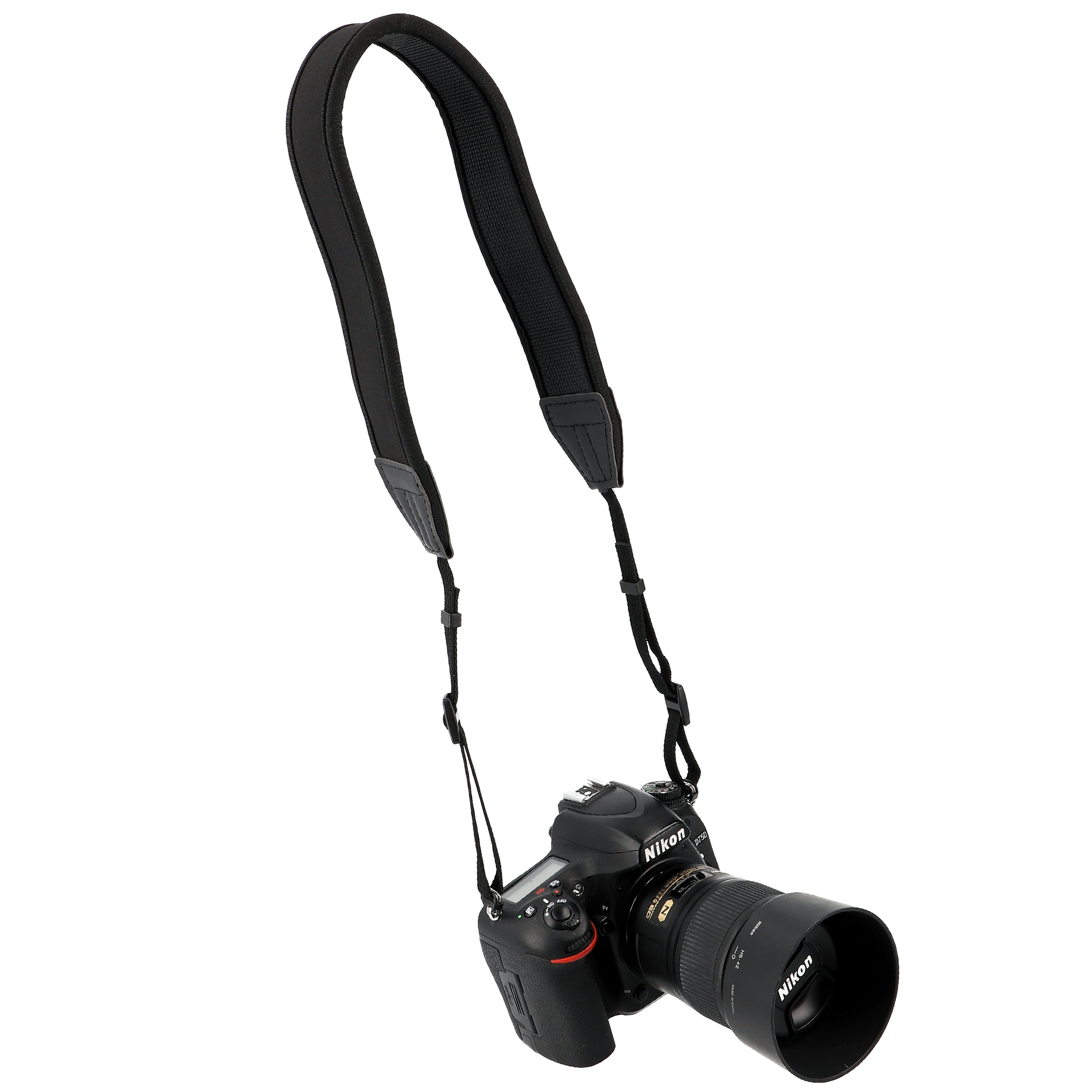 Schwarze Nikon-Kamera mit Objektiv und Gurt. Der Gurt ist schwarz, die Kamera ist schwarz mit einem schwarzen Objektiv.
