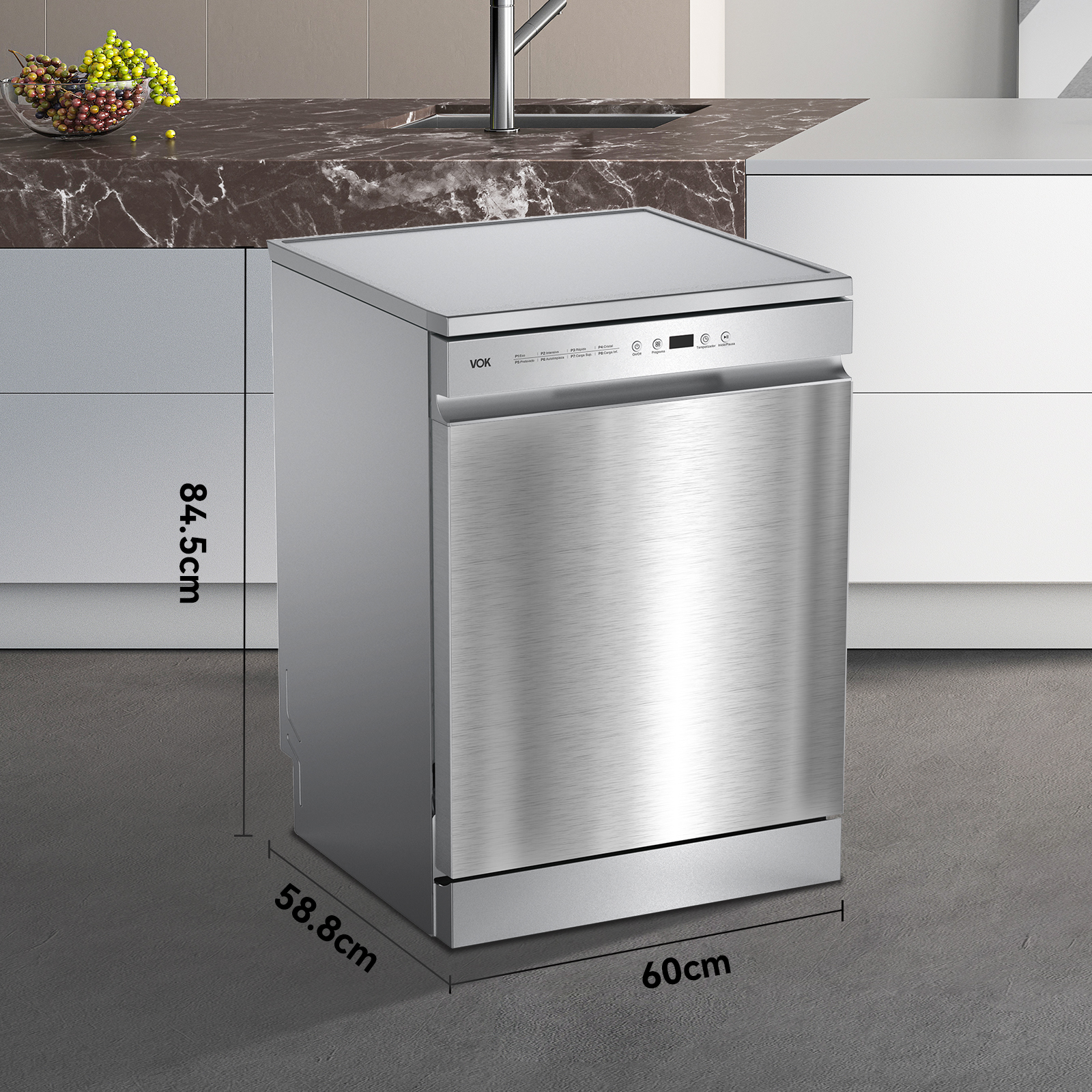 Lavavajillas VCK de acero inoxidable con dimensiones: 84,5 cm alto, 58,8 cm ancho y 60 cm profundidad, en una cocina.