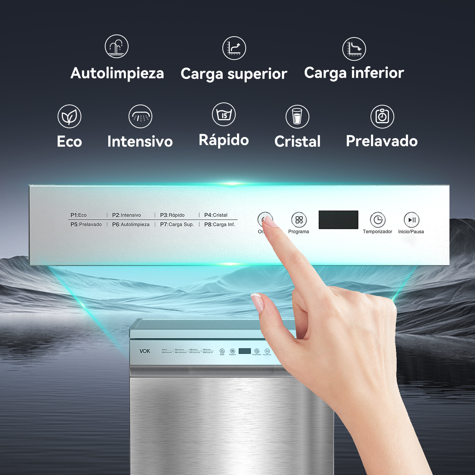 Primer plano del panel de control de un lavavajillas. Un dedo toca un botón. Varios iconos de programa.