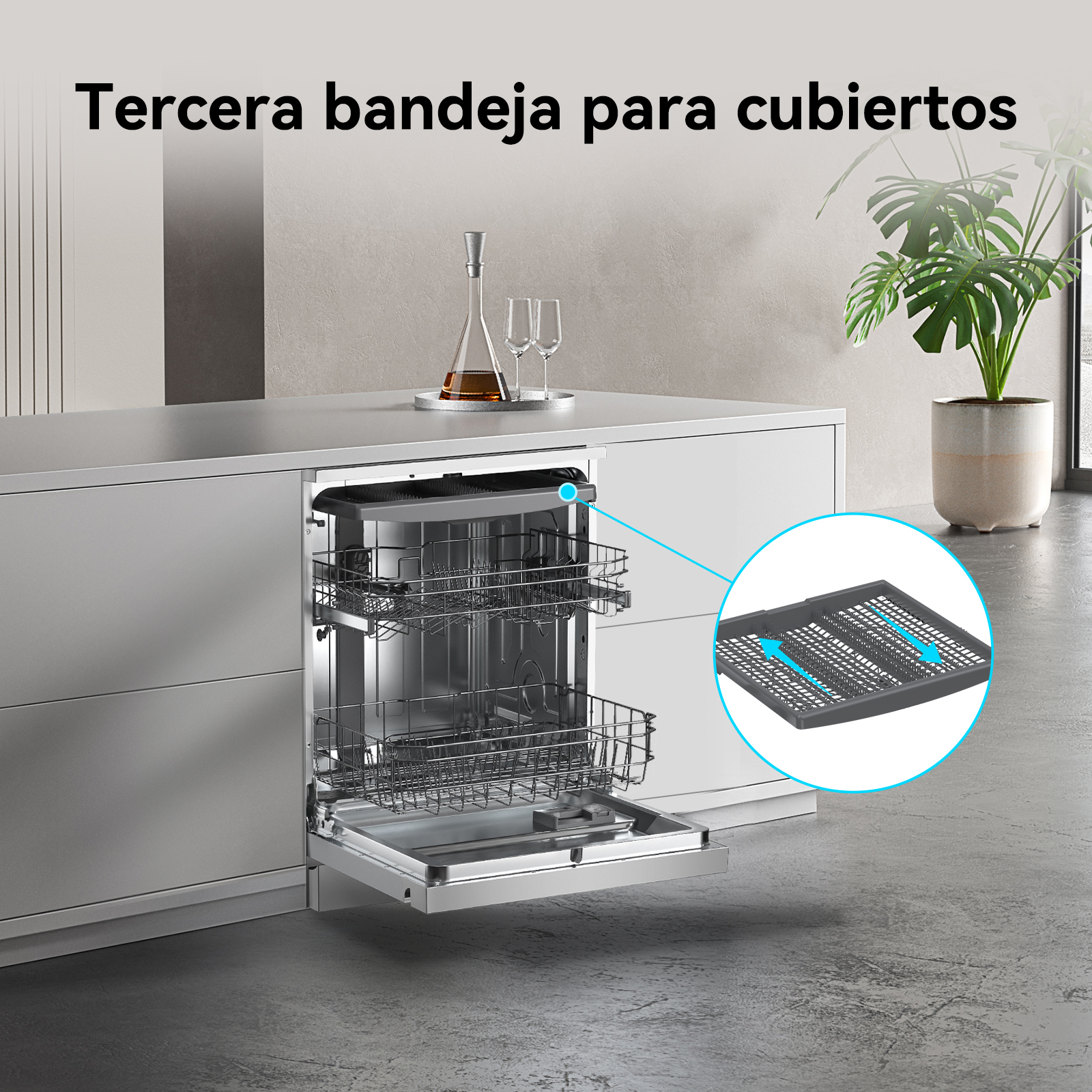 Lavavajillas con puerta abierta, mostrando dos estantes y una bandeja. Fondo de cocina.