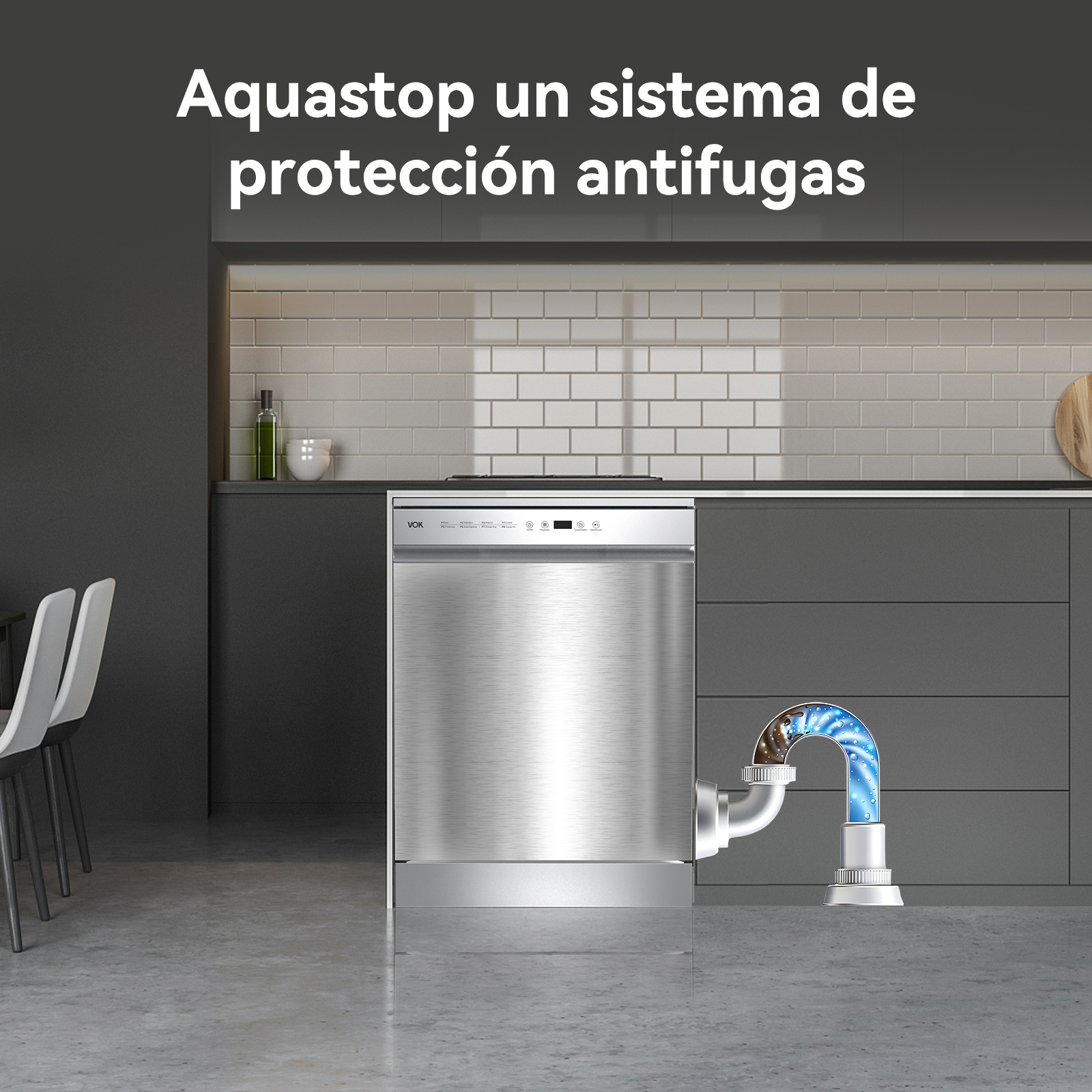 Un lavavajillas junto a un grifo. El texto superior dice Aquastop, un sistema antifugas.