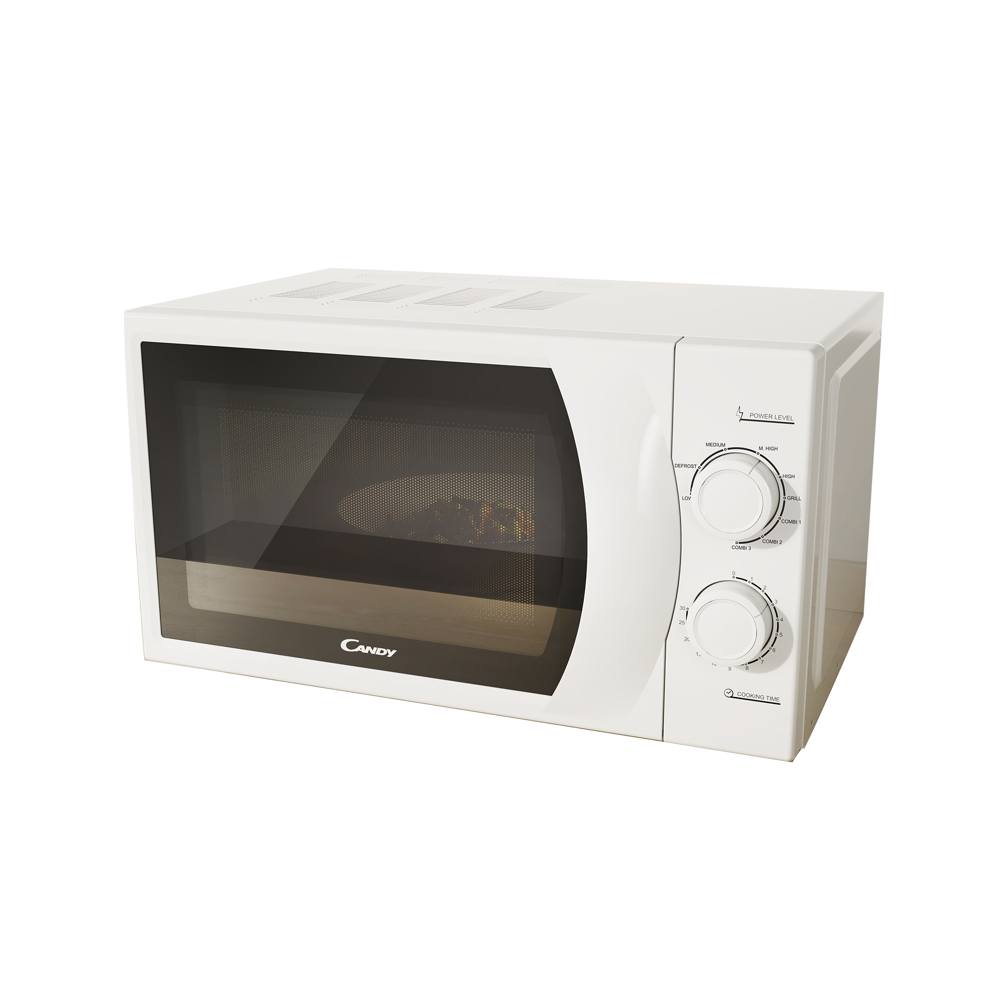 Biała kuchenka mikrofalowa ze szklanymi drzwiami i pokrętłami. Widoczna marka 'Candy'.