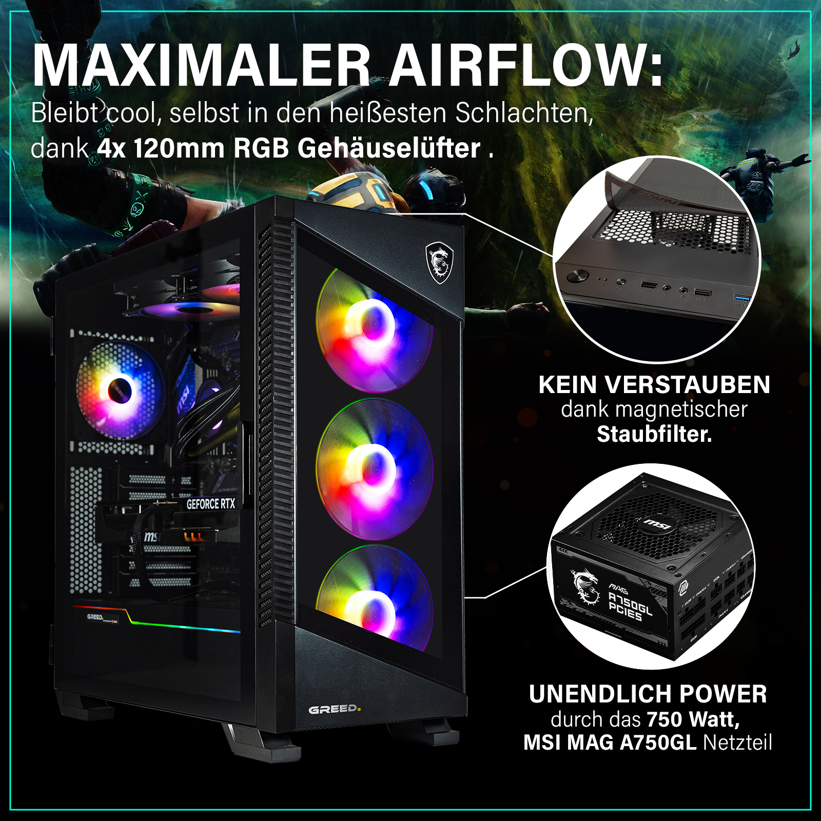 Komputer do gier z wentylatorami RGB i reklamą zasilacza. Teksty: Maksymalny przepływ powietrza, brak kurzu i 750W.