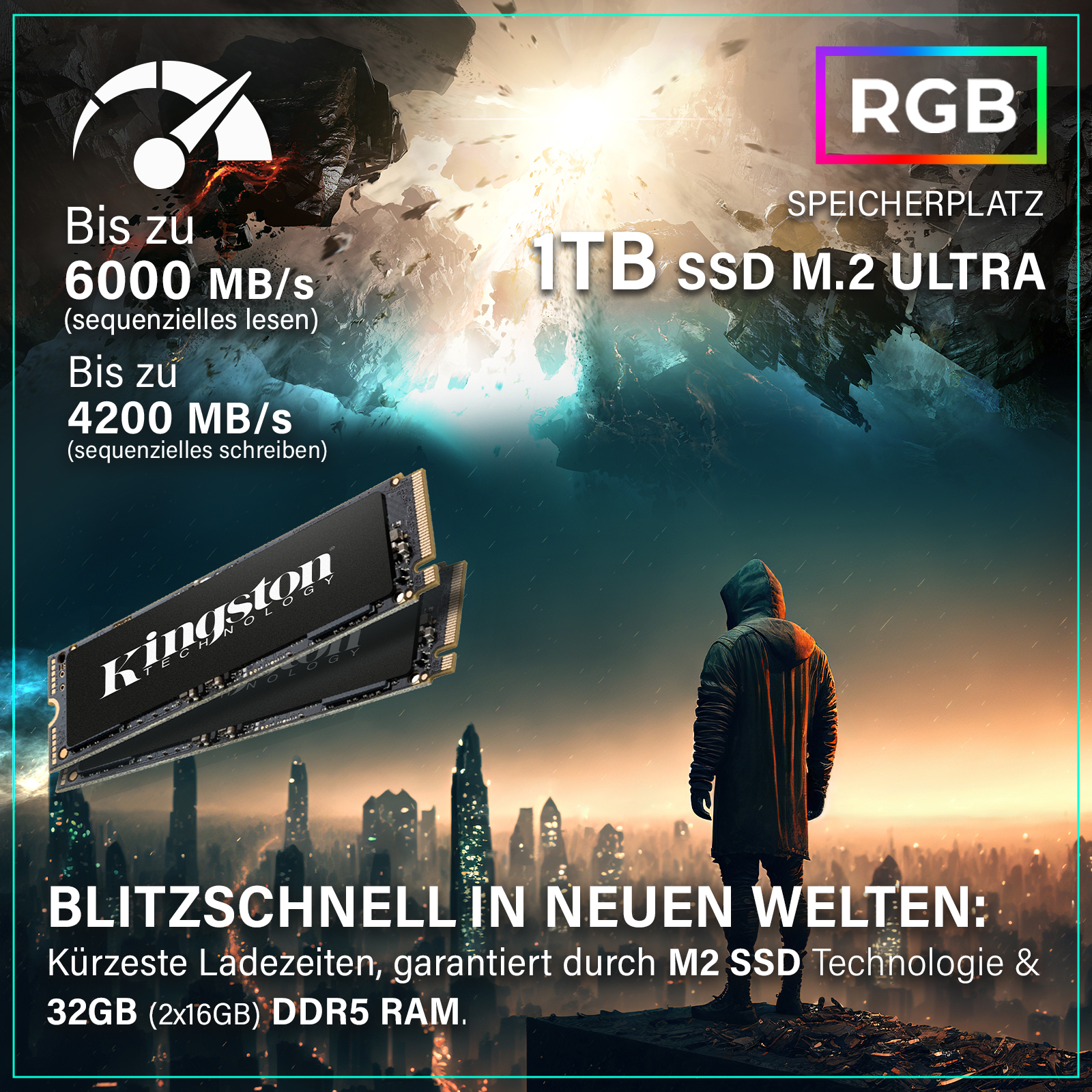 Reklama dysków SSD Kingston. Pokazuje dyski SSD, tekst o prędkości i osobę w futurystycznym otoczeniu.