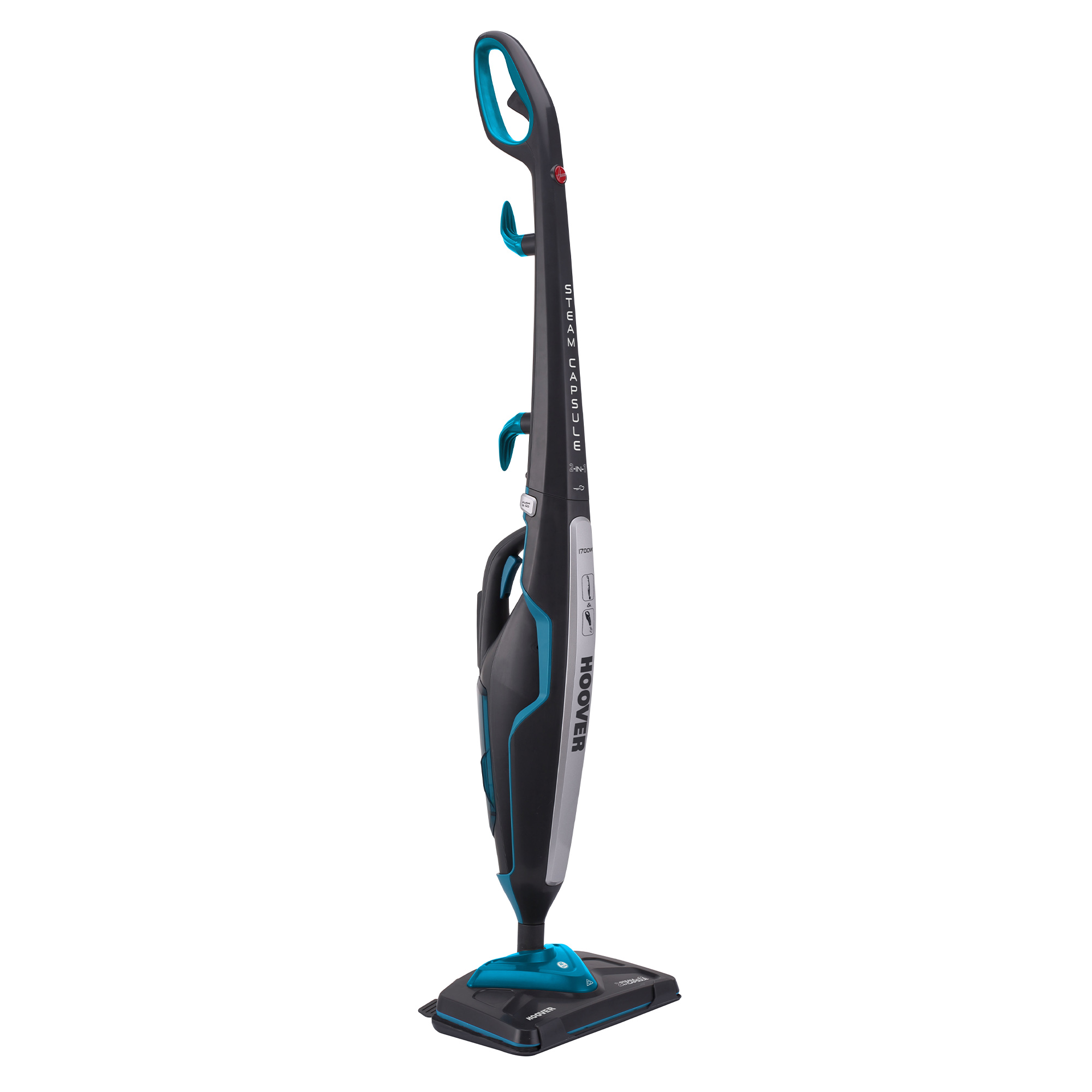 Pionowy odkurzacz parowy Hoover. Jest czarny i morski, z długim uchwytem.