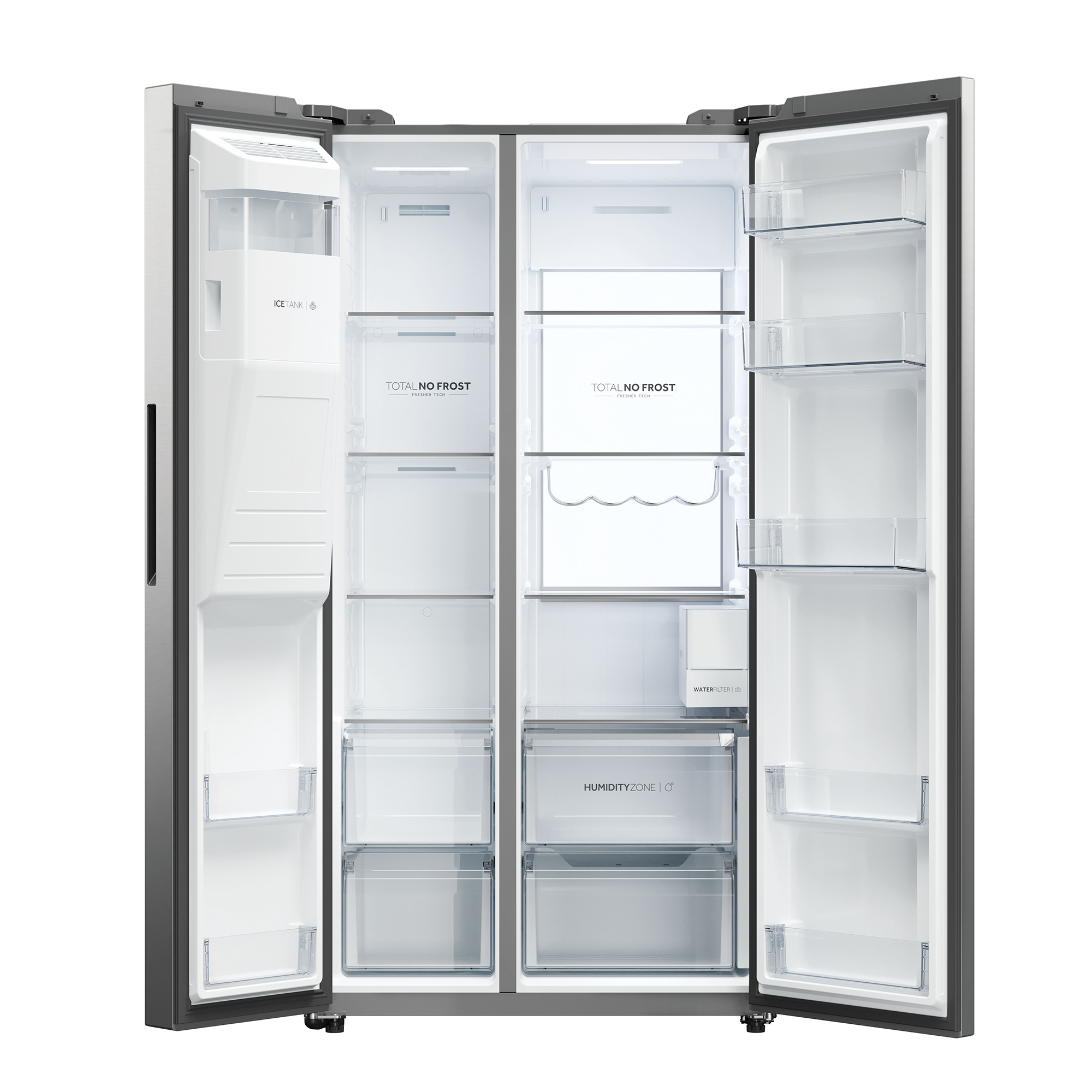 Un refrigerador plateado con las puertas abiertas. Muestra estantes y cajones transparentes en el interior.