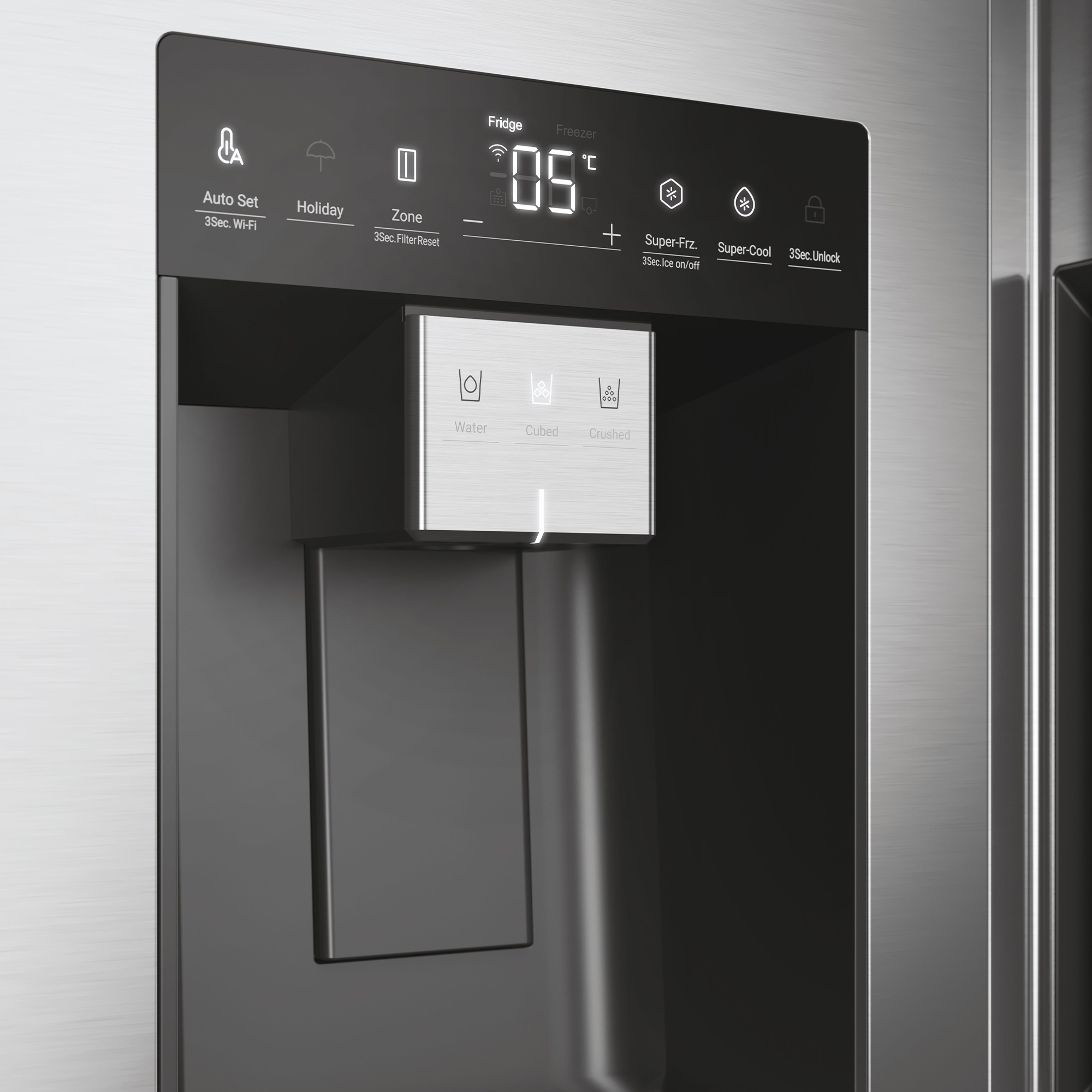 Panel de control del refrigerador mostrando temperatura y funciones.