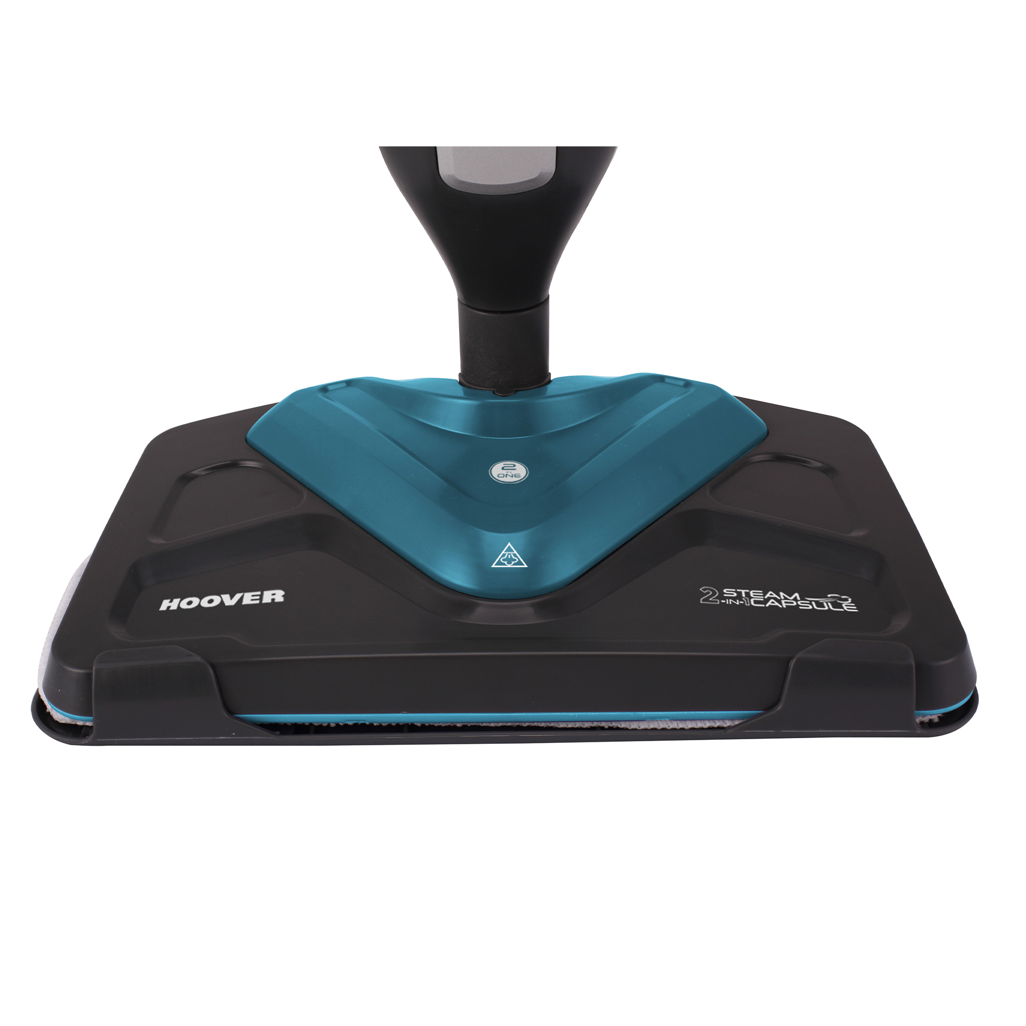 Mop parowy Hoover, czarny i morski, o trójkątnym kształcie i uchwycie.