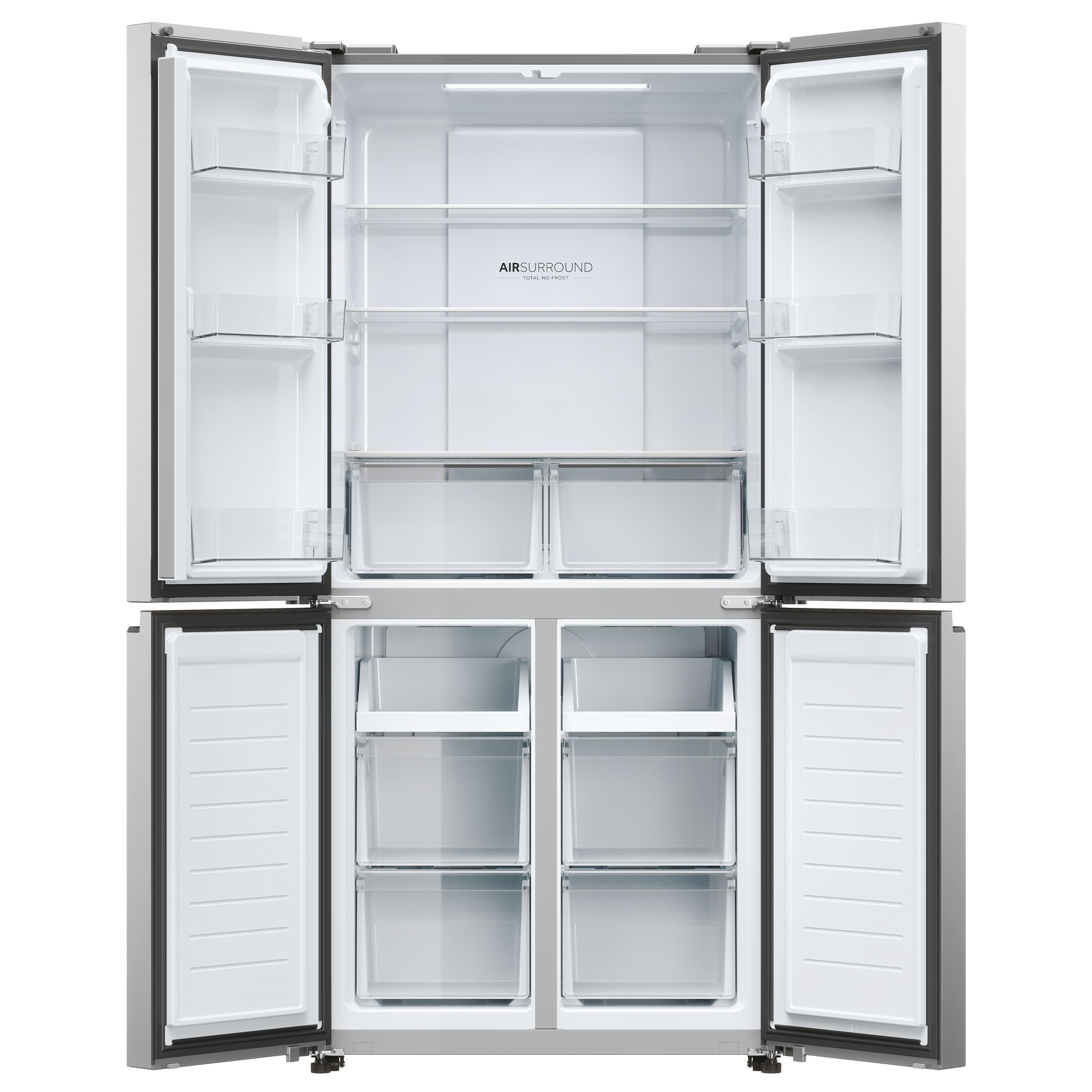 Otwarta lodówka pokazuje półki, szuflady i przegrody. Wnętrze jest białe i czyste.