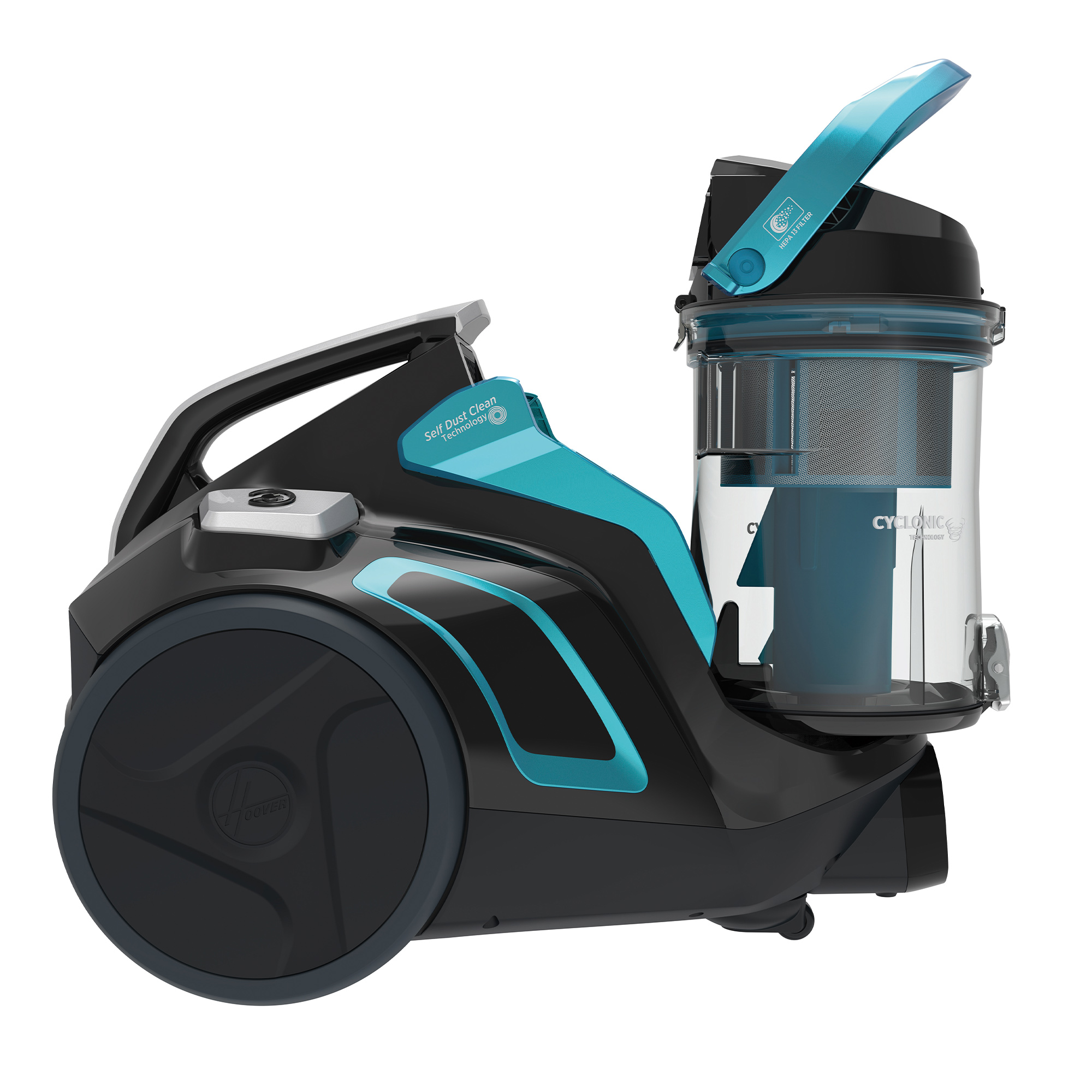 Zwarte en blauwgroene Hoover Cyclonic stofzuiger. Toont de behuizing, stofbak en wielen.