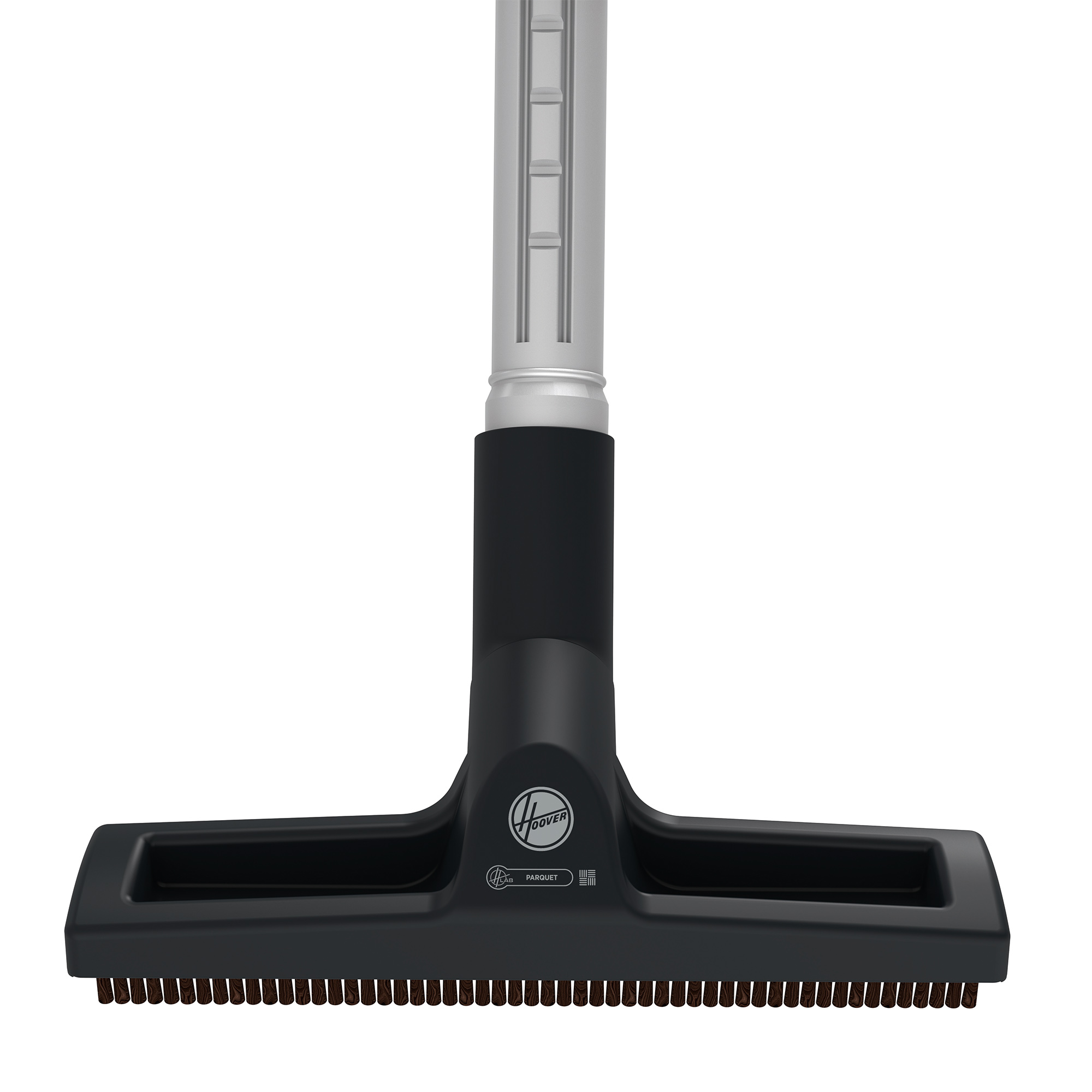 Zwarte stofzuigerkop met borstelharen, verbonden met een zilveren handvat. Het merk 'Hoover' is zichtbaar.