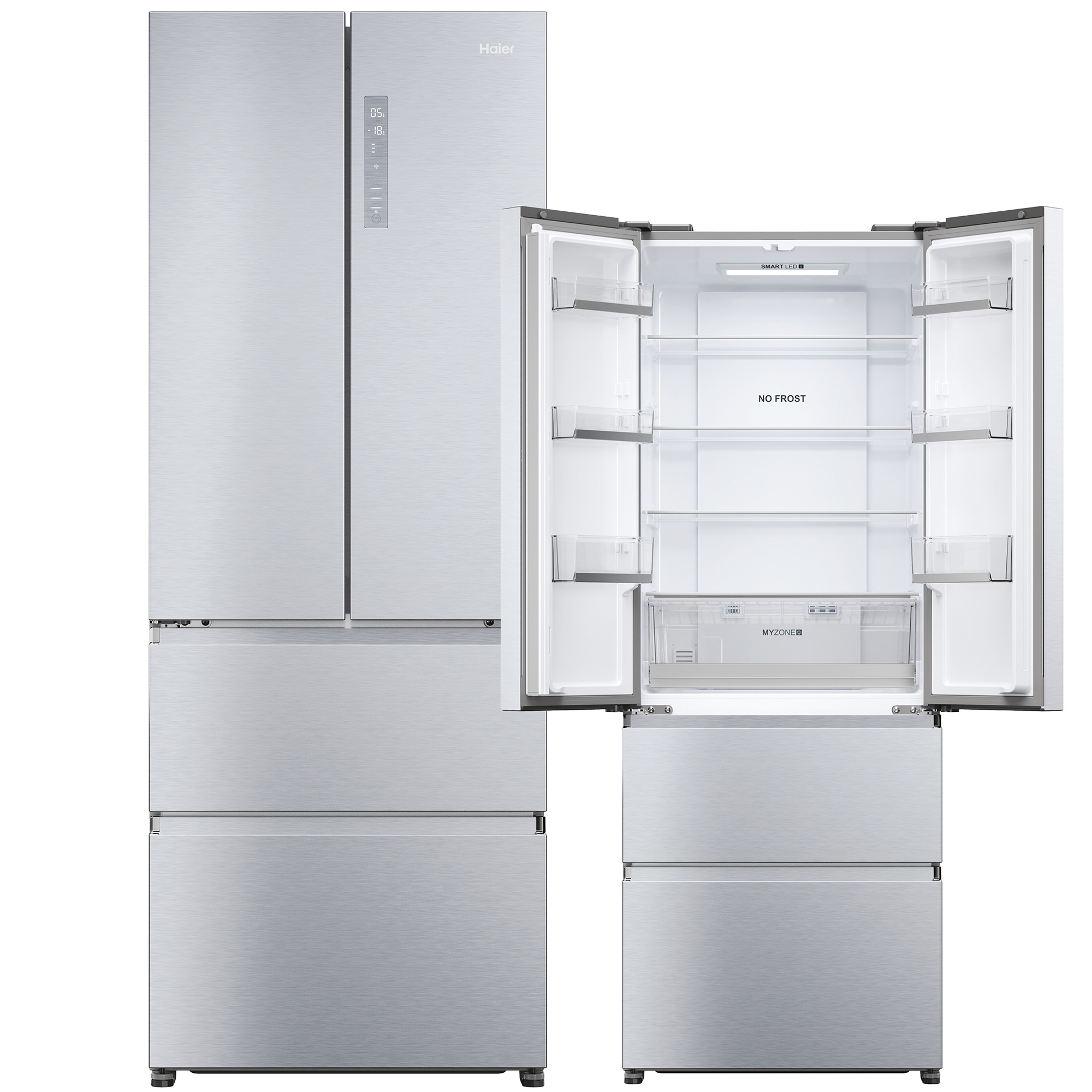 Refrigerador Haier plateado con tres puertas a la izquierda y dos a la derecha, abiertas.