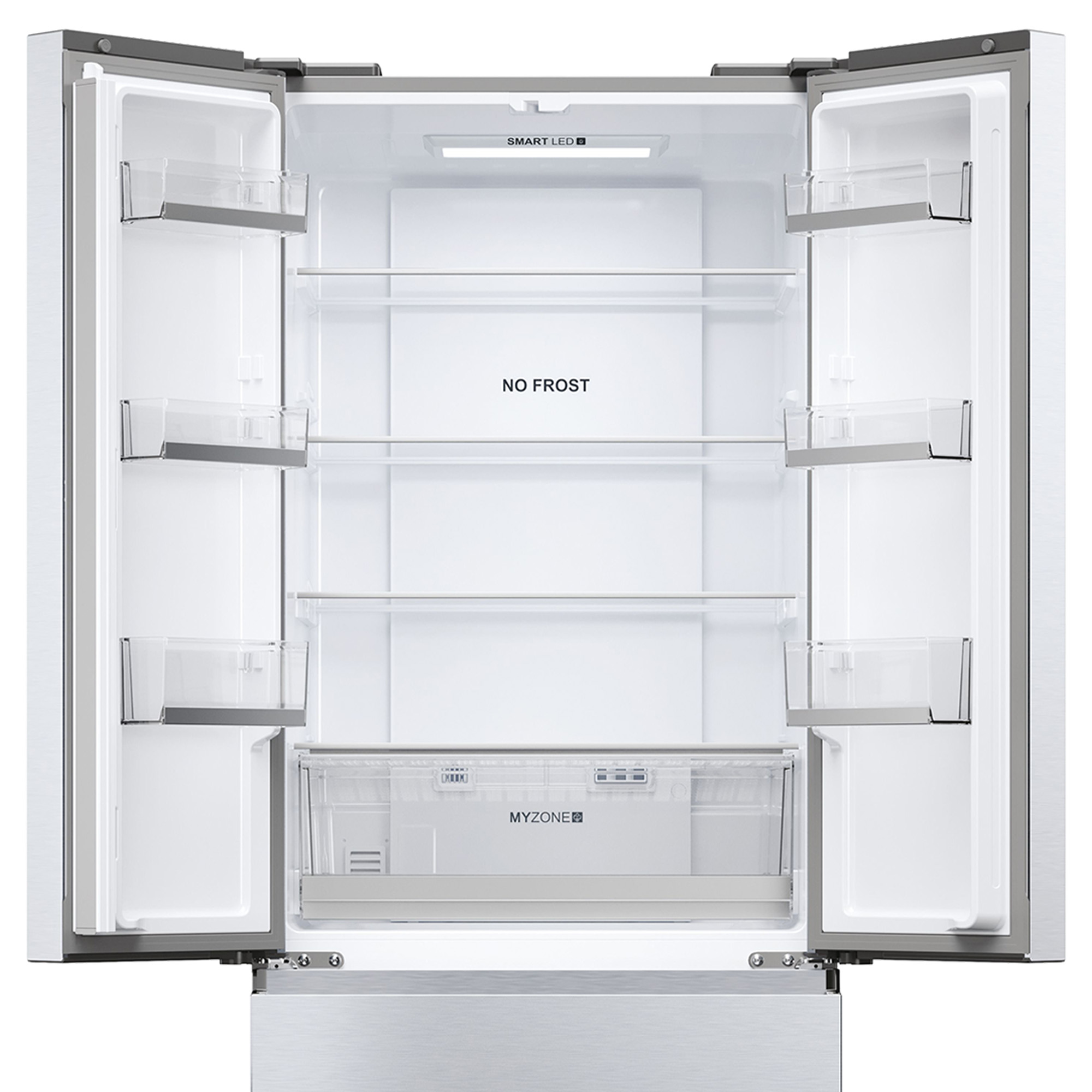 Refrigerador con puertas abiertas. Interior con estantes, cajones y etiqueta 'No Frost'.
