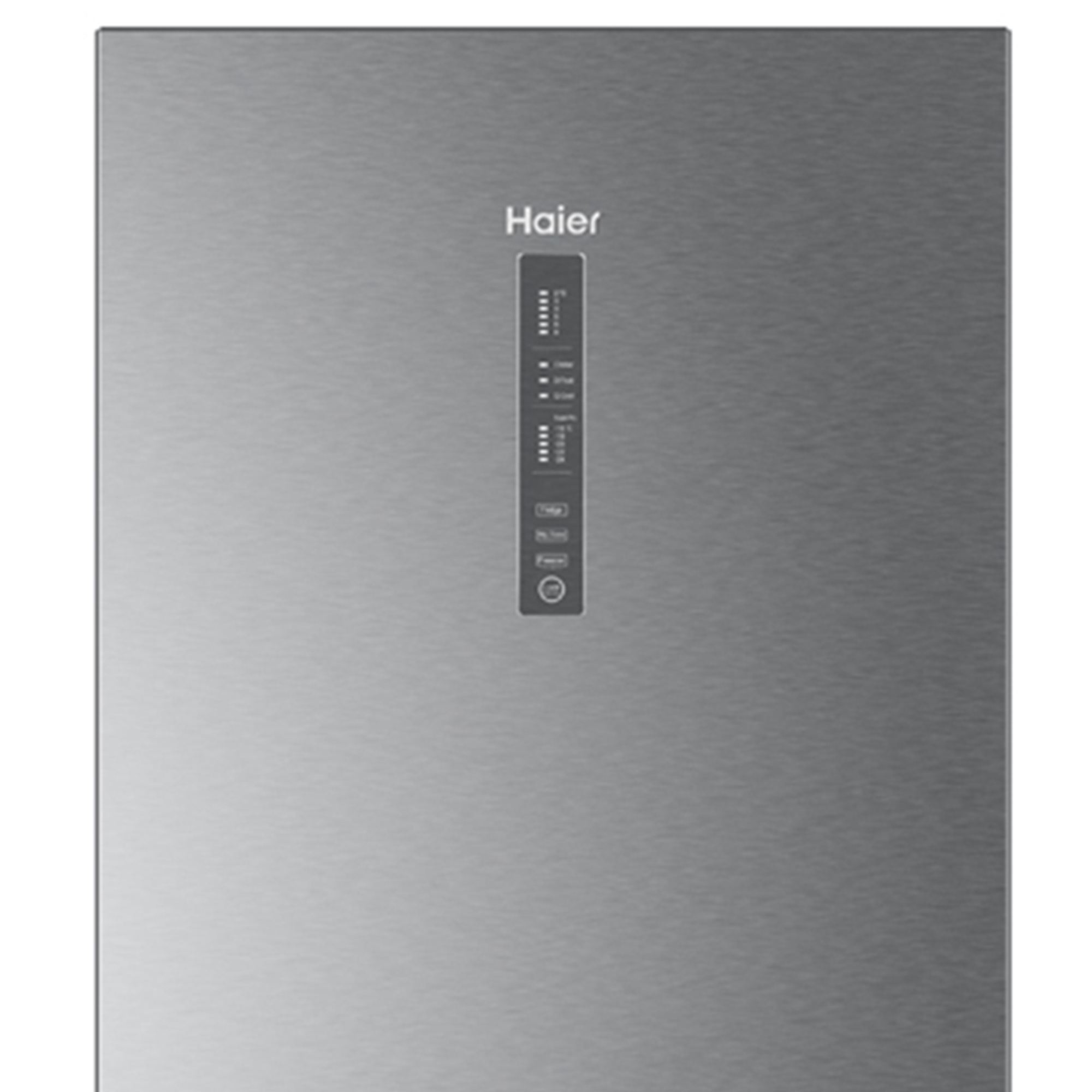 Porta del frigorifero argentata con logo Haier e pannello di controllo.