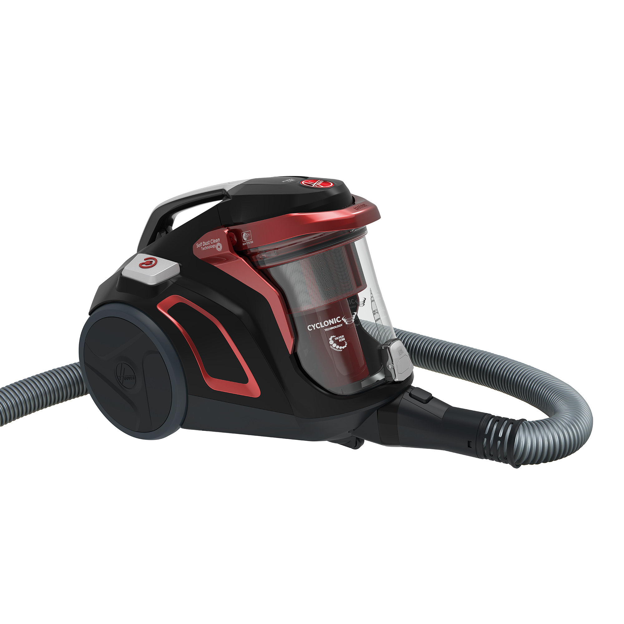 Czarno-czerwony odkurzacz Hoover. Widoczna technologia cyklonowa.