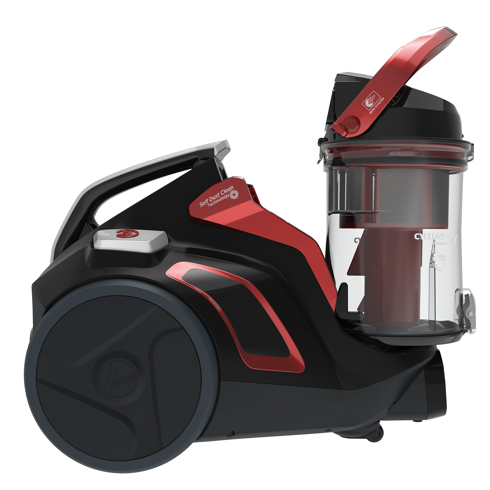 Czarny i czerwony odkurzacz. Pojemnik na kurz jest przezroczysty z czerwonymi akcentami.