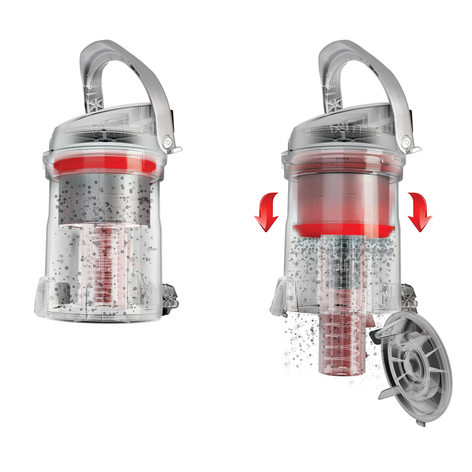 Schemat systemu filtrów odkurzacza. Pokazuje filtr i proces separacji pyłu.