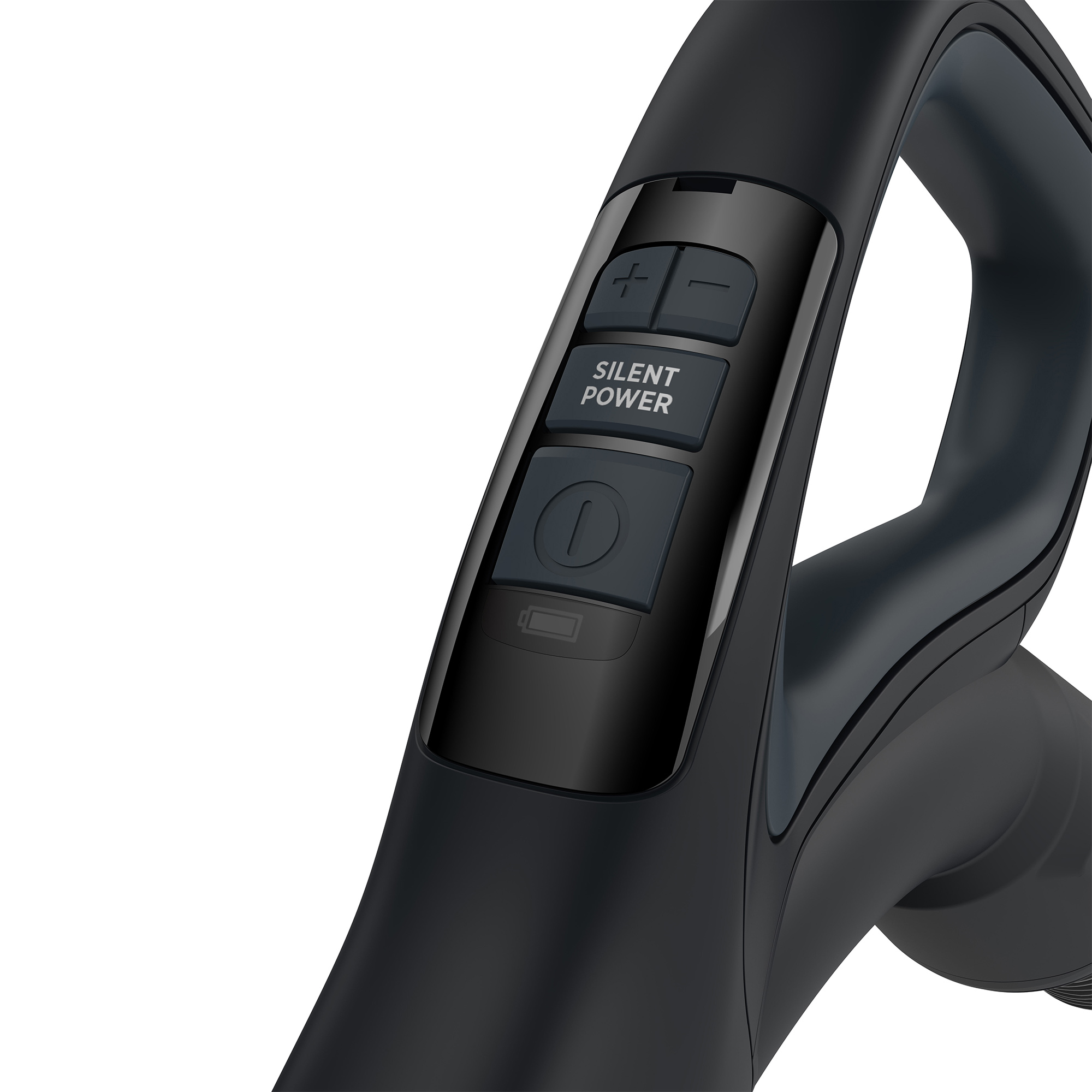 Czarny uchwyt odkurzacza z przyciskami sterowania. Napis 'Silent Power'.