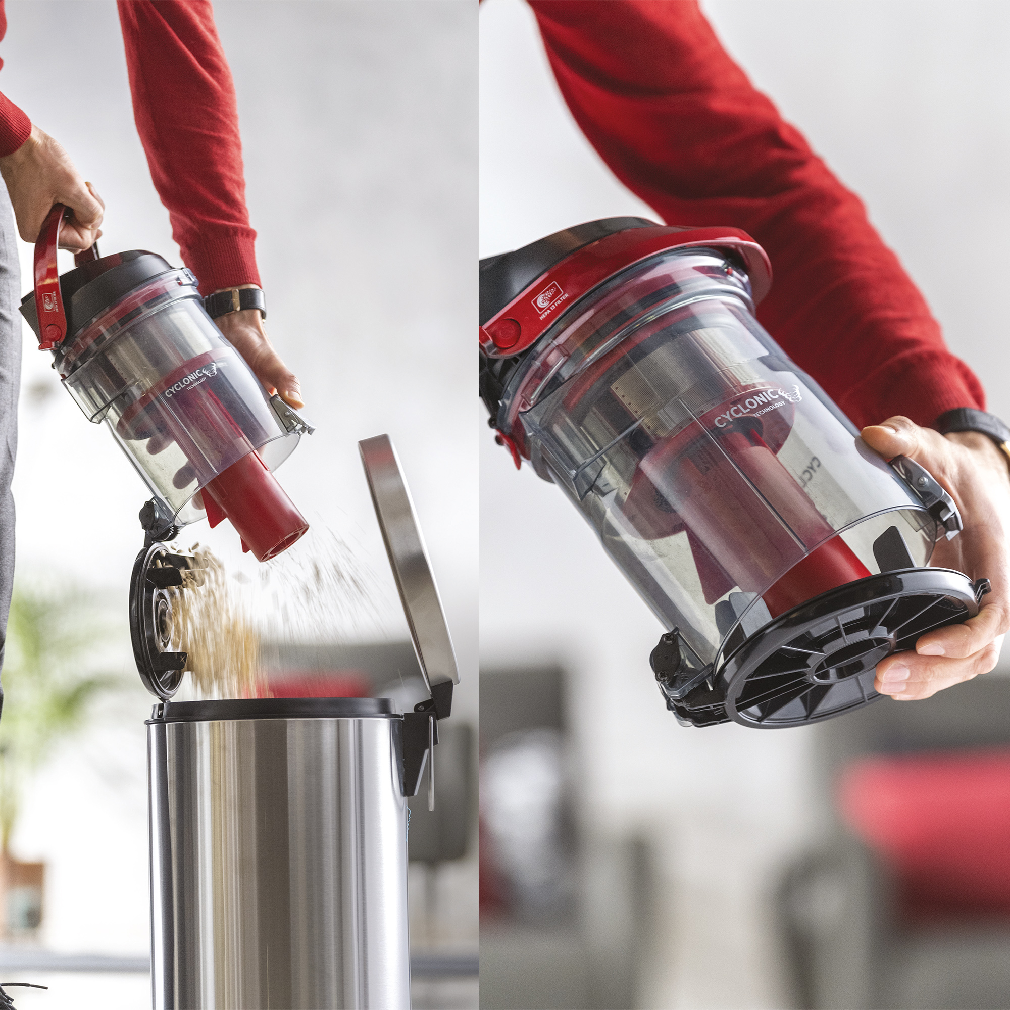 Dwa zdjęcia pokazujące osobę opróżniającą czerwono-czarny odkurzacz do kosza.