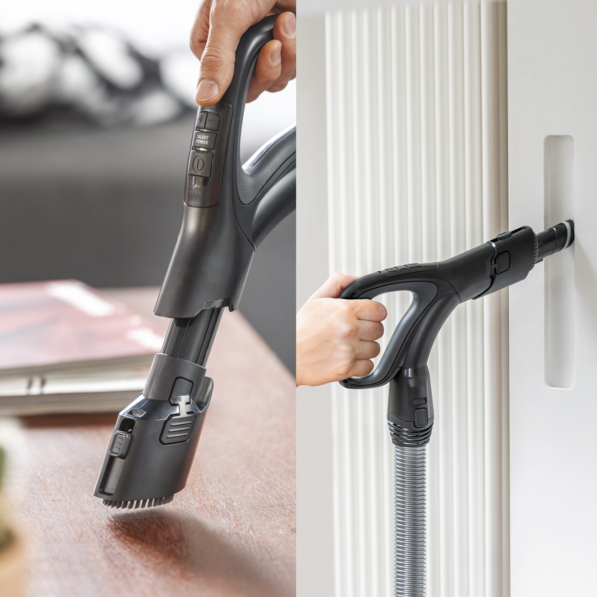 Akcesoria do odkurzacza: uchwyt z elementami sterowania i wąż w ścianie.