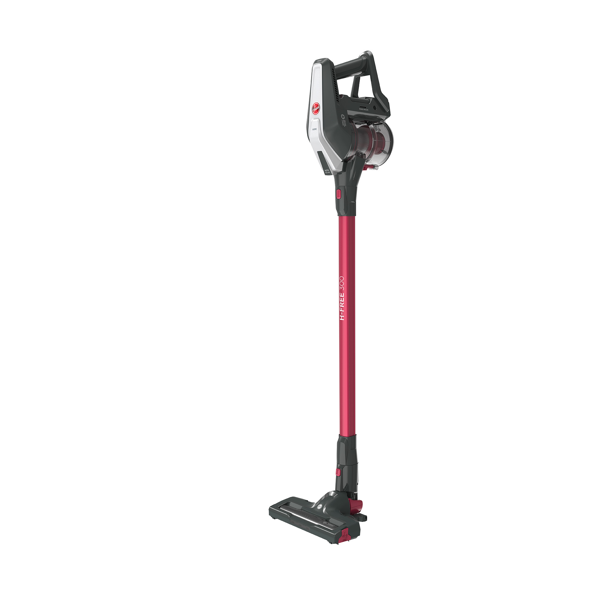 Draadloze stofzuiger, donkerroze en zwart, lange steel en kop. 'Hoover'-logo op de steel.