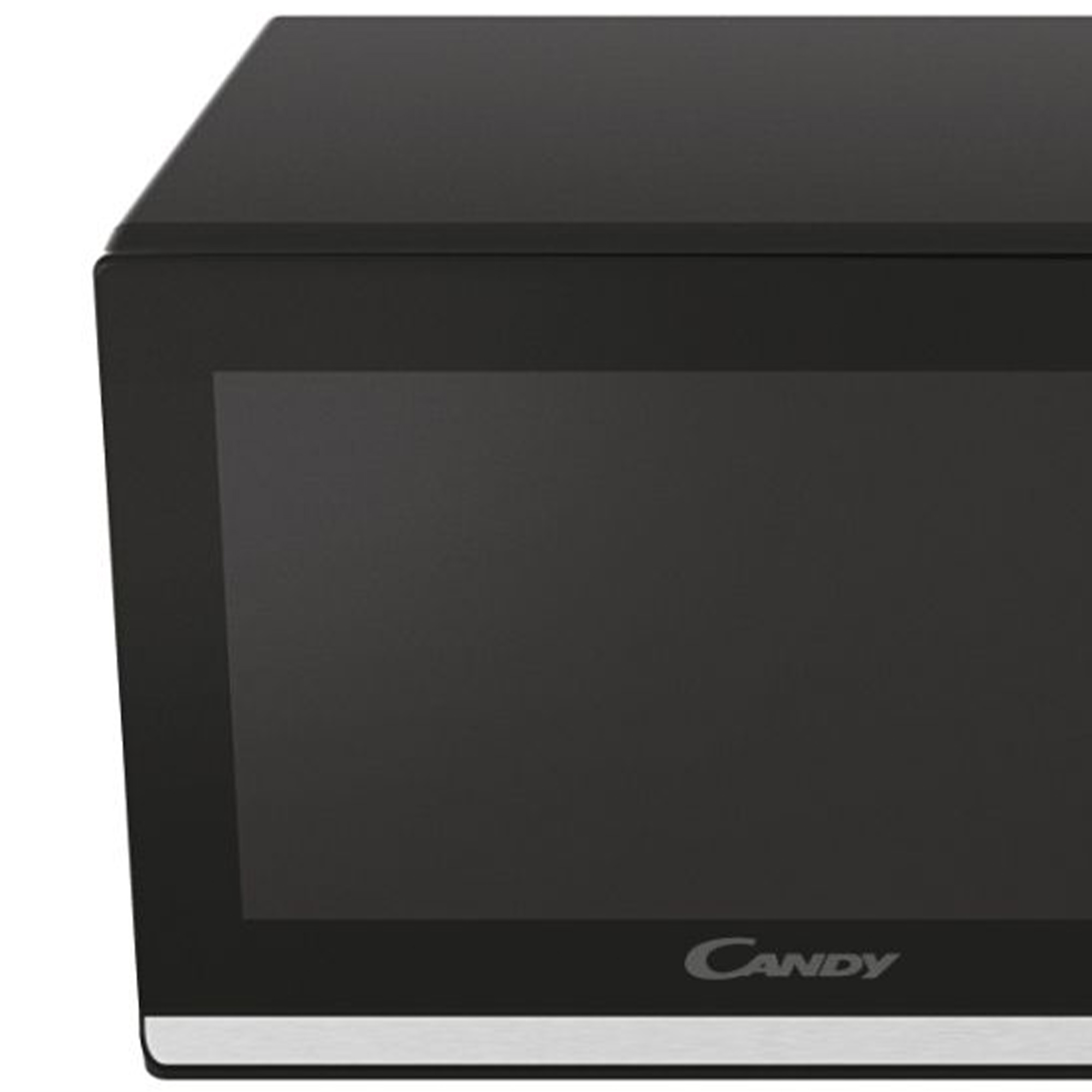 Zbliżenie na czarną kuchenkę mikrofalową, z widoczną u dołu nazwą marki „Candy”.