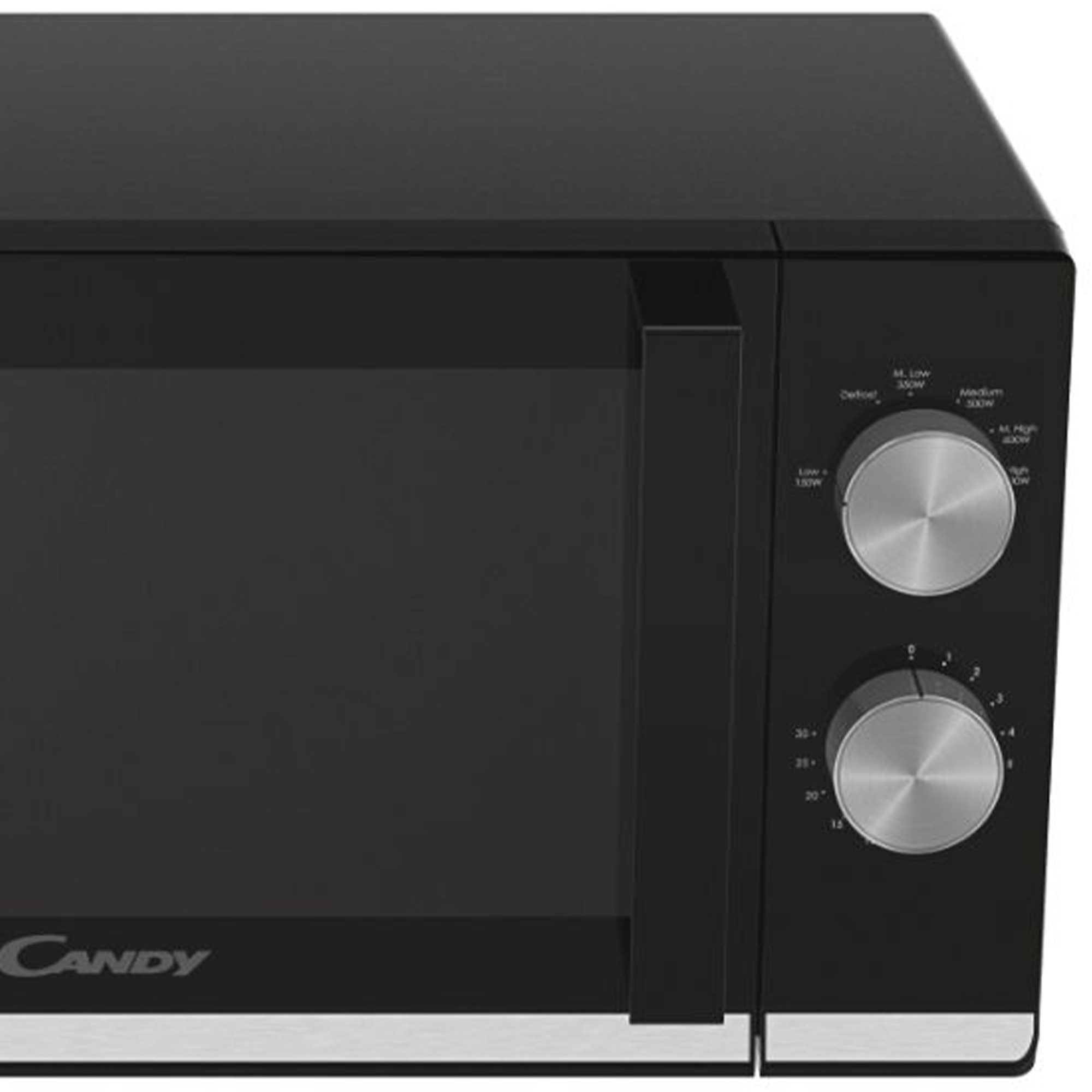 Czarny piekarnik mikrofalowy z pokrętłami i logo Candy.