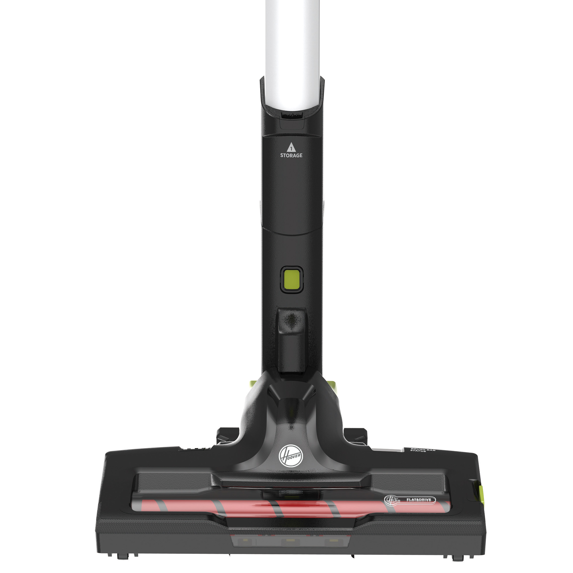 La parte frontal de una aspiradora Hoover Flatsdrive negra y verde.