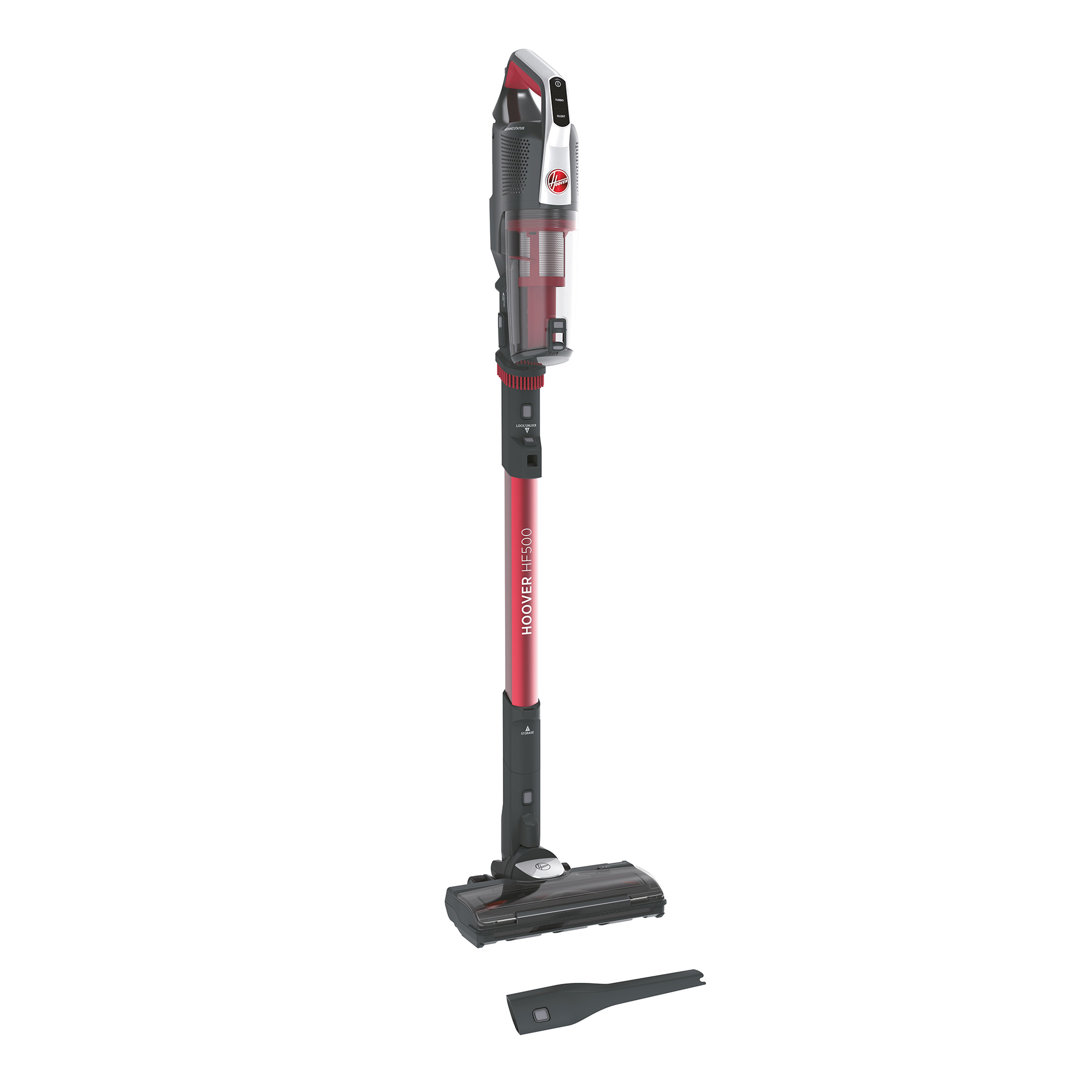 Aspirapolvere a bastone Hoover HE500 rosso e nero, sfondo bianco.