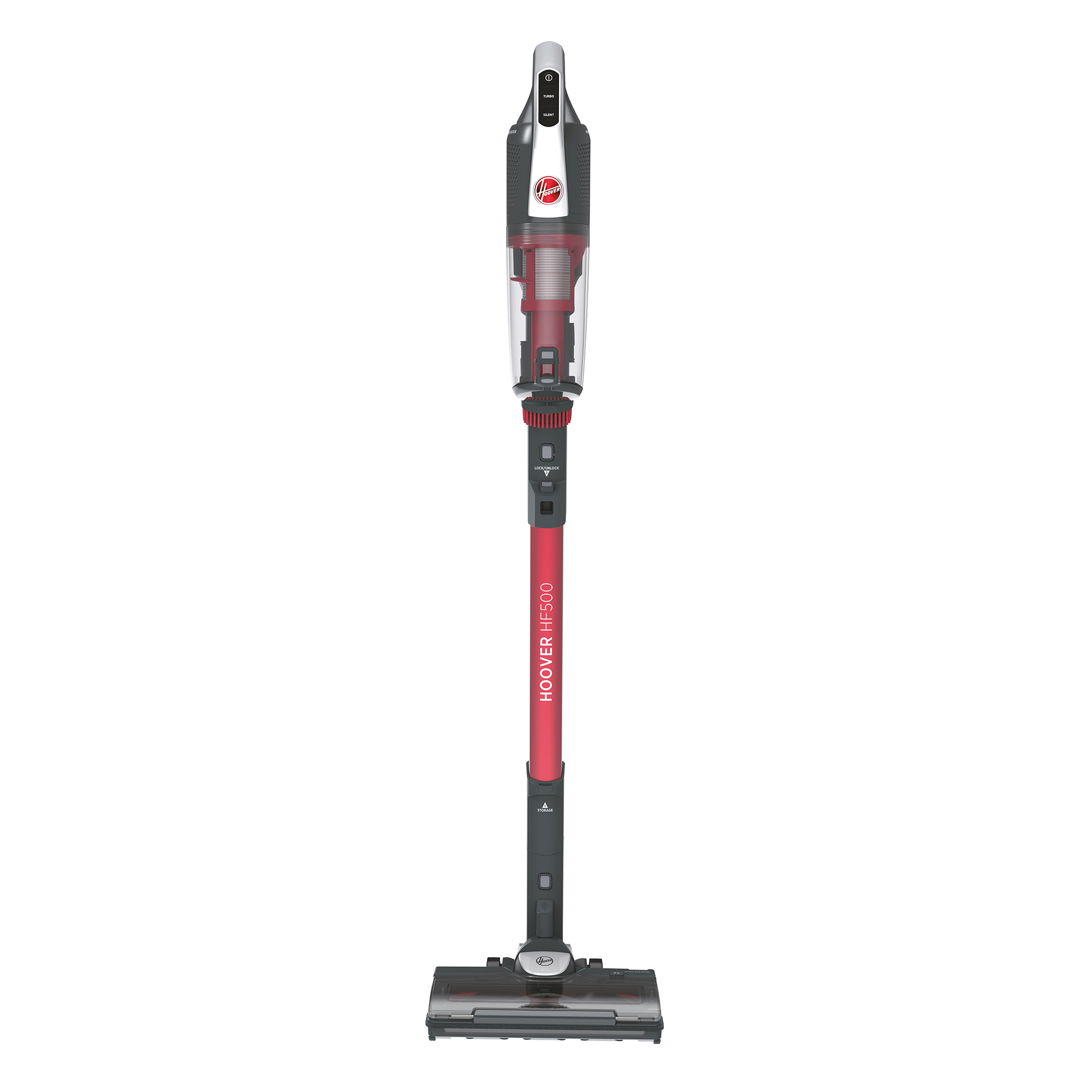 Aspirapolvere rosso e nero con un lungo manico, in piedi. Marchio Hoover.
