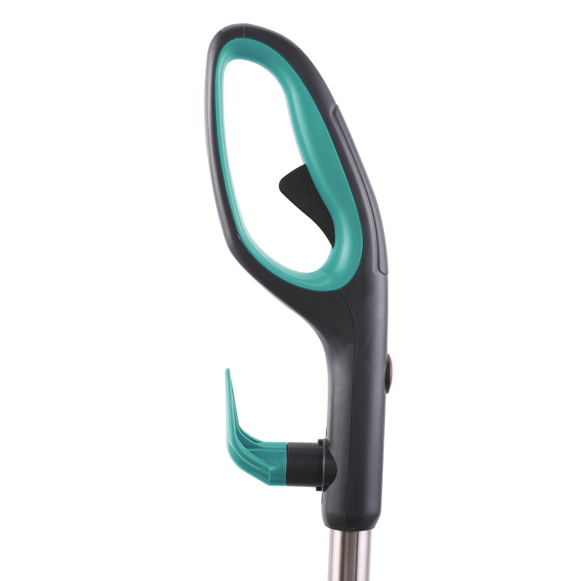 Uchwyt turkusowo-czarnego narzędzia do czyszczenia. Widoczny czerwony przycisk.